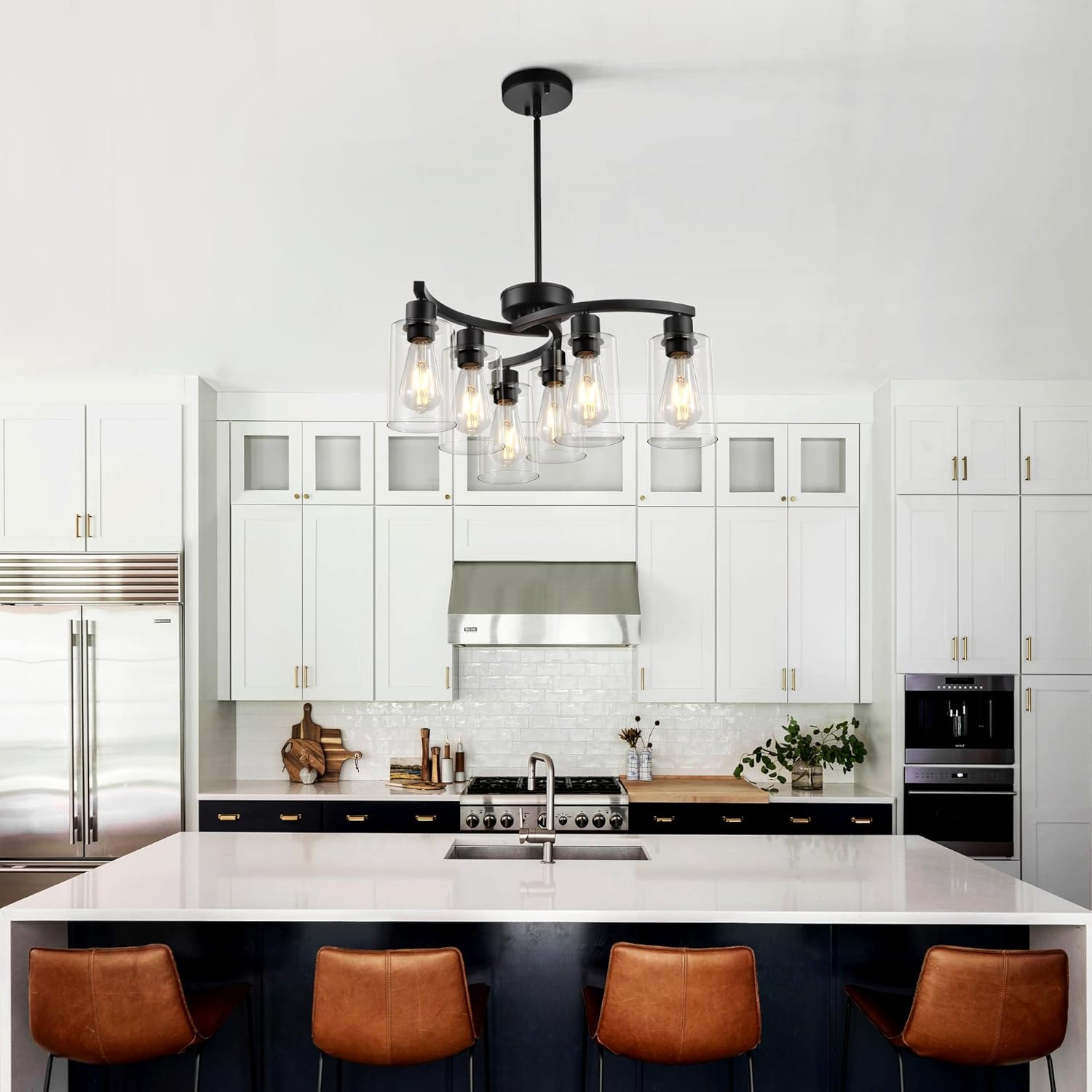 (Incomplete, missing 3 lights )Sigaitwei 6 Light Modern Chandeliers for Dining Room,21.7\" Black Hanging Light Fixture?Kitchen Pendant Lighting Over Island?Industrial Farmhouse Chandelier,Metal with Downward Clear Glass Shade 21.7in/6-Light Black