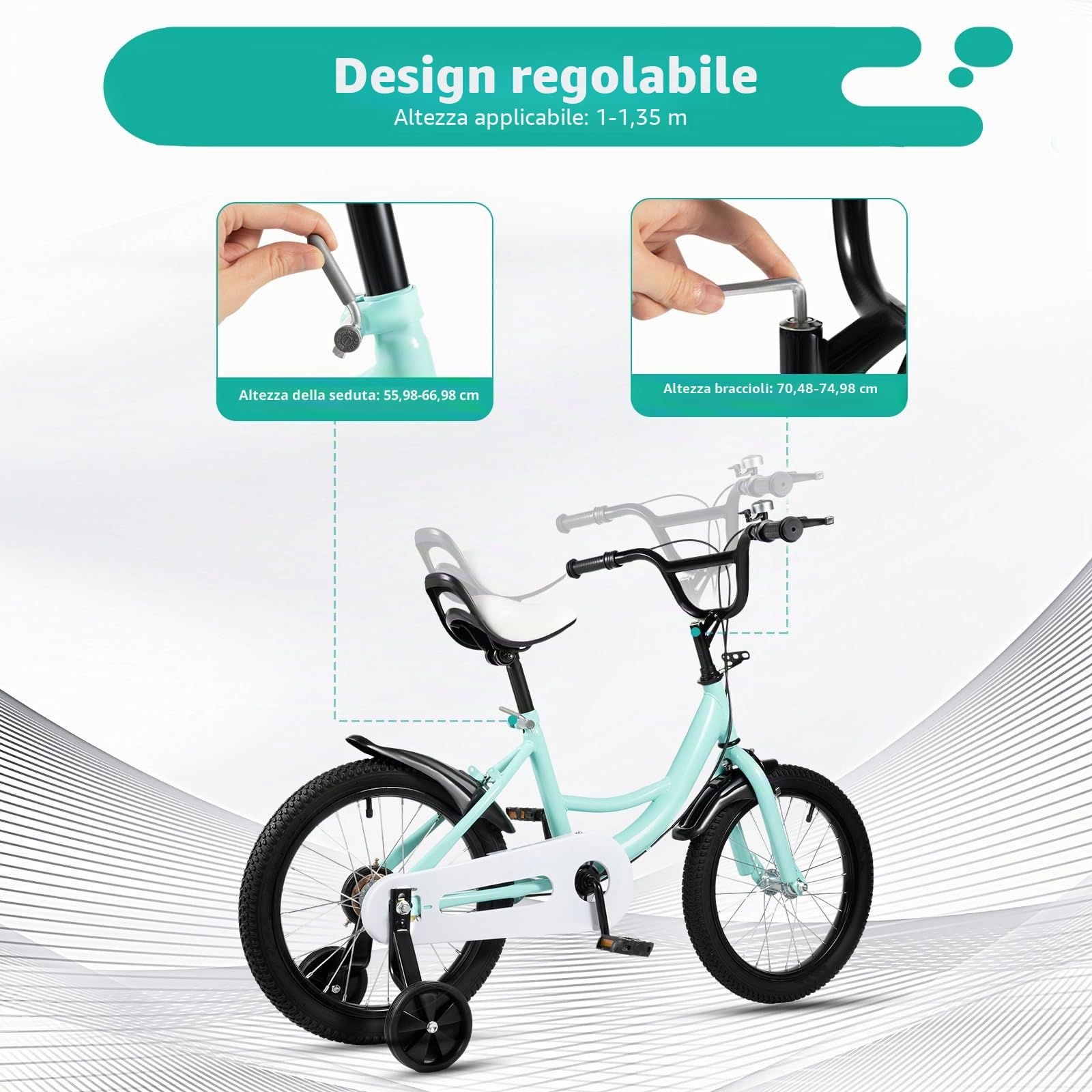 Bicicletta per bambini da 16 pollici, colore verde, bicicletta per bambini dai 5 agli 8 anni (105-135 cm), telaio in acciaio al carbonio, sella regolabile in altezza e manubrio, ruote di