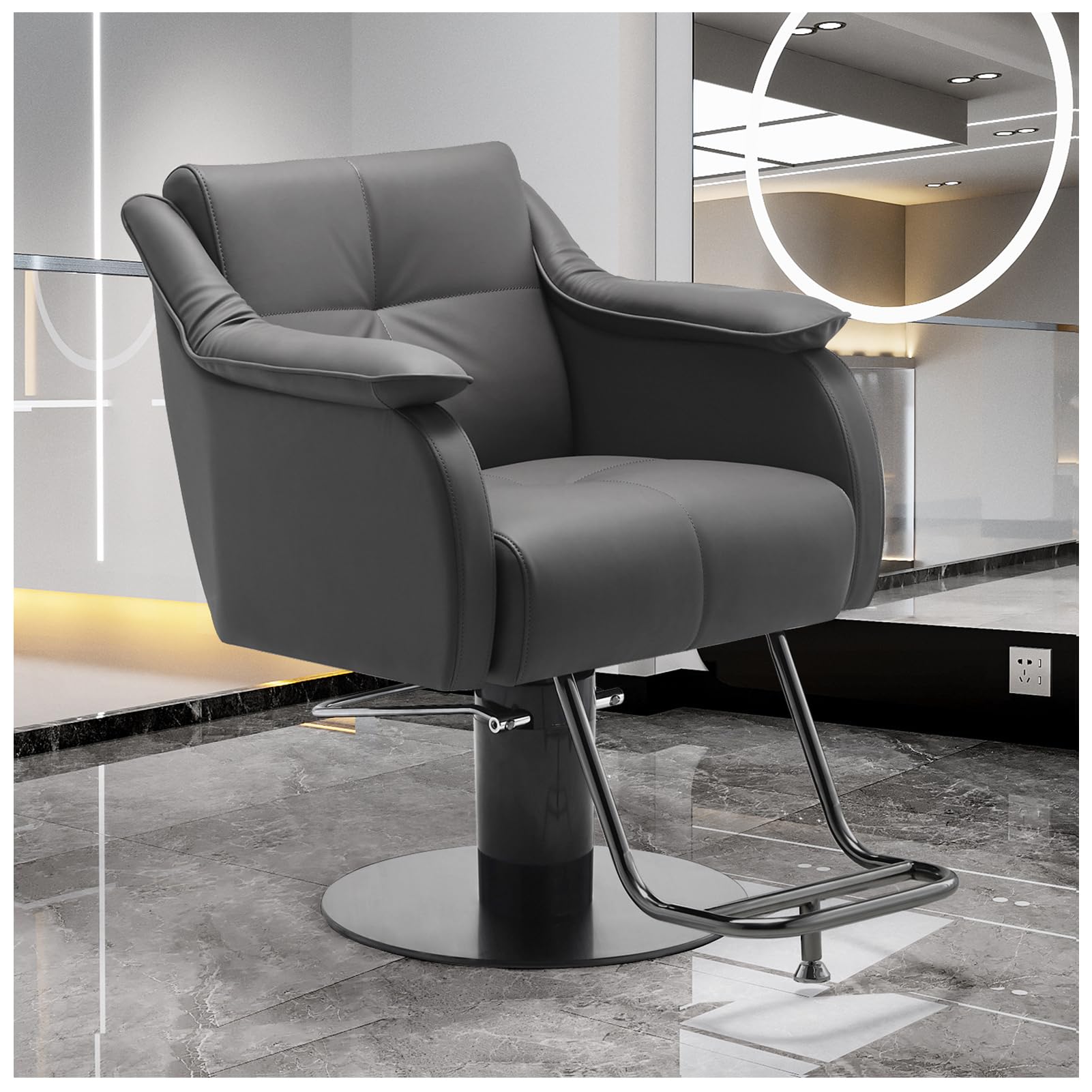 Klasyczne hydrauliczne krzesło do salonu fryzjerskiego dla stylistów włosów – stylowe szare krzesło fryzjerskie, wyposażenie spa kosmetycznego, regulowane siedzisko fryzjerskie, profesjonalne meble do