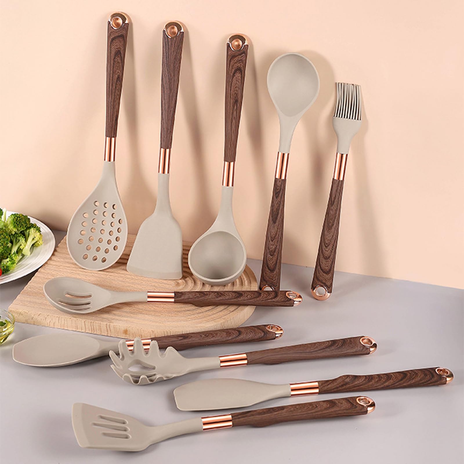 Küchenhelfer Set, 12 Stück Silikon Kochutensilien Kochbesteck Set, Hitzebeständiger Kochgeschirr mit Aufbewahrungseimer,Antihaft Kochset Küchenutensilien mit Holzgriff, Tongs, Whisk, Spatula