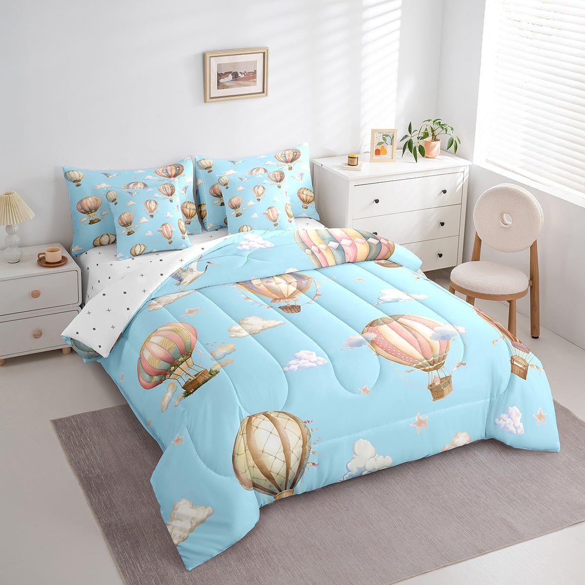 7 Pieces Twin Size Hot Air Balloon Comforter Set,Cloud Sky White Crane Cute Animal Bedding Set for Boys Girls,Cartoon Balloons Dreamy (Comforter+Fitted+Flat Sheet+2 Pillowcases+2 Throw Pillow Covers)