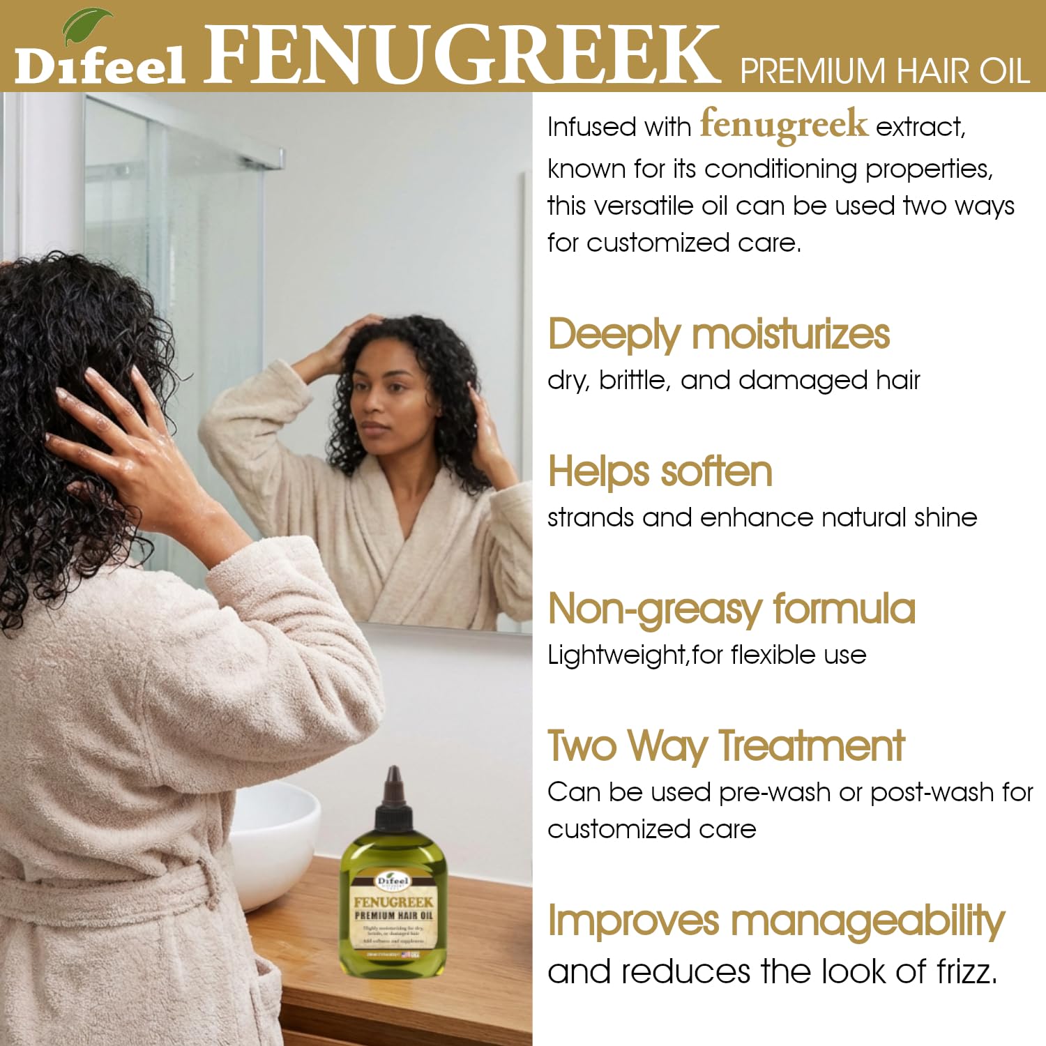 Difeel Fenugreek Premium Hair Oil 7.1 Ounce - Fenugreek Oil for Hair, Pre or Post Shampoo Treatment for All Hair Types