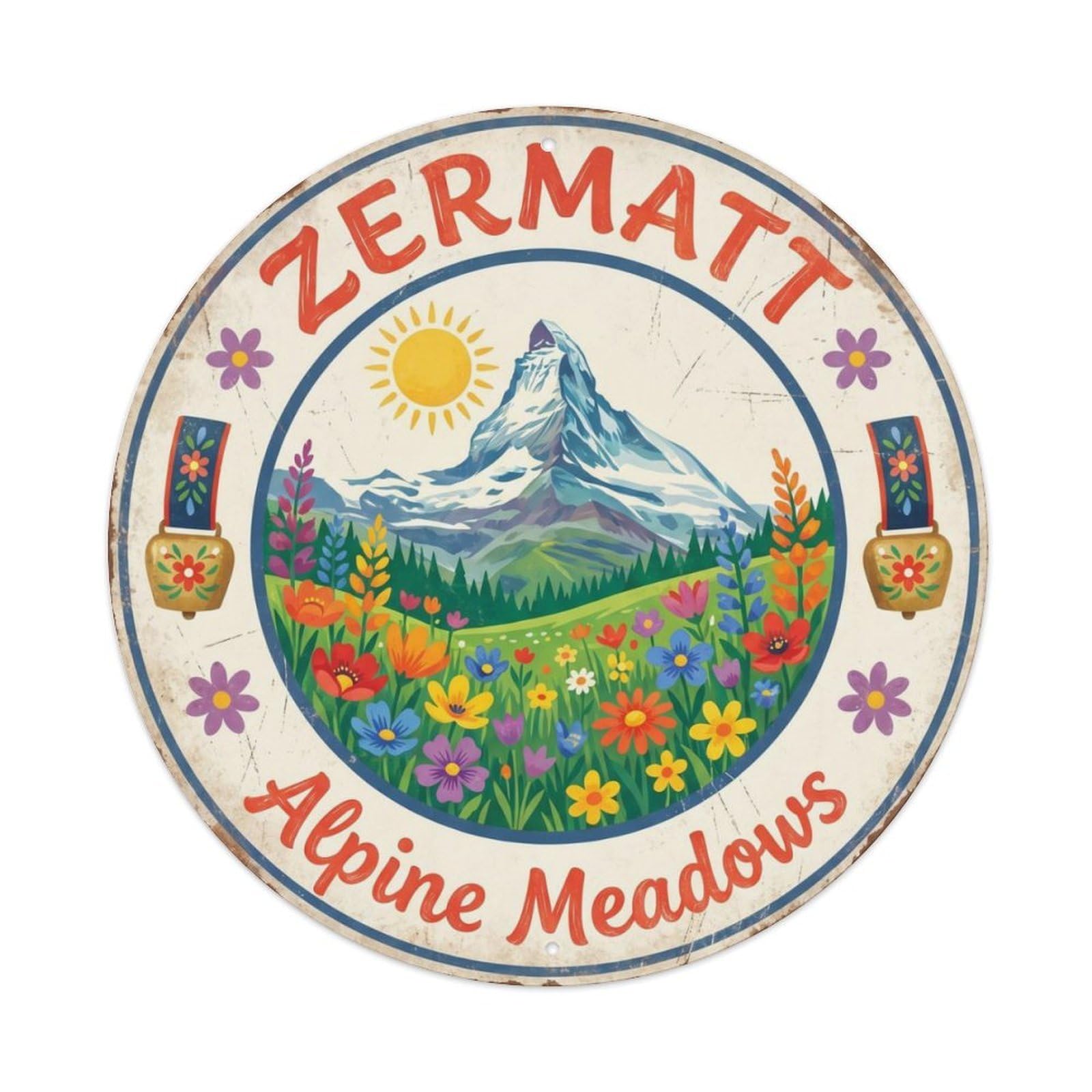 Vintage Travel Zermatt Switzerland Summer Metal Tin Sign Plaque Wall Decor for Cafe, Club Bar, Office, Home Garden Round Metal Poster 8x8Inch