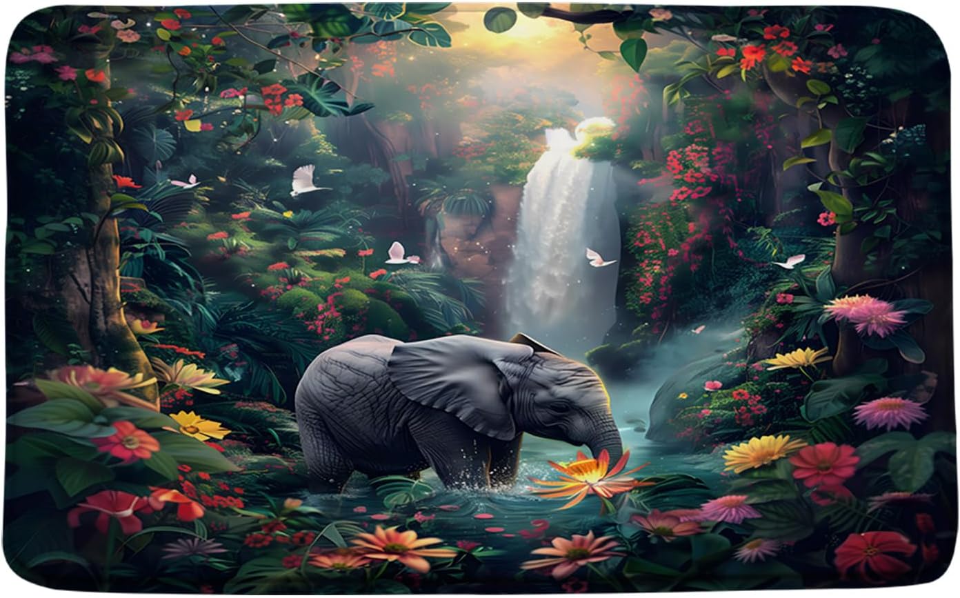 Tropical Elephant Bath Mat Rainforest Jungle Animal Floral Green Leaves Waterfall Colorful Nature Landscape 16"x24"+24"x36" Microfiber Memory Foam Bathroom Kitchen Toilet Floor Decor Mat