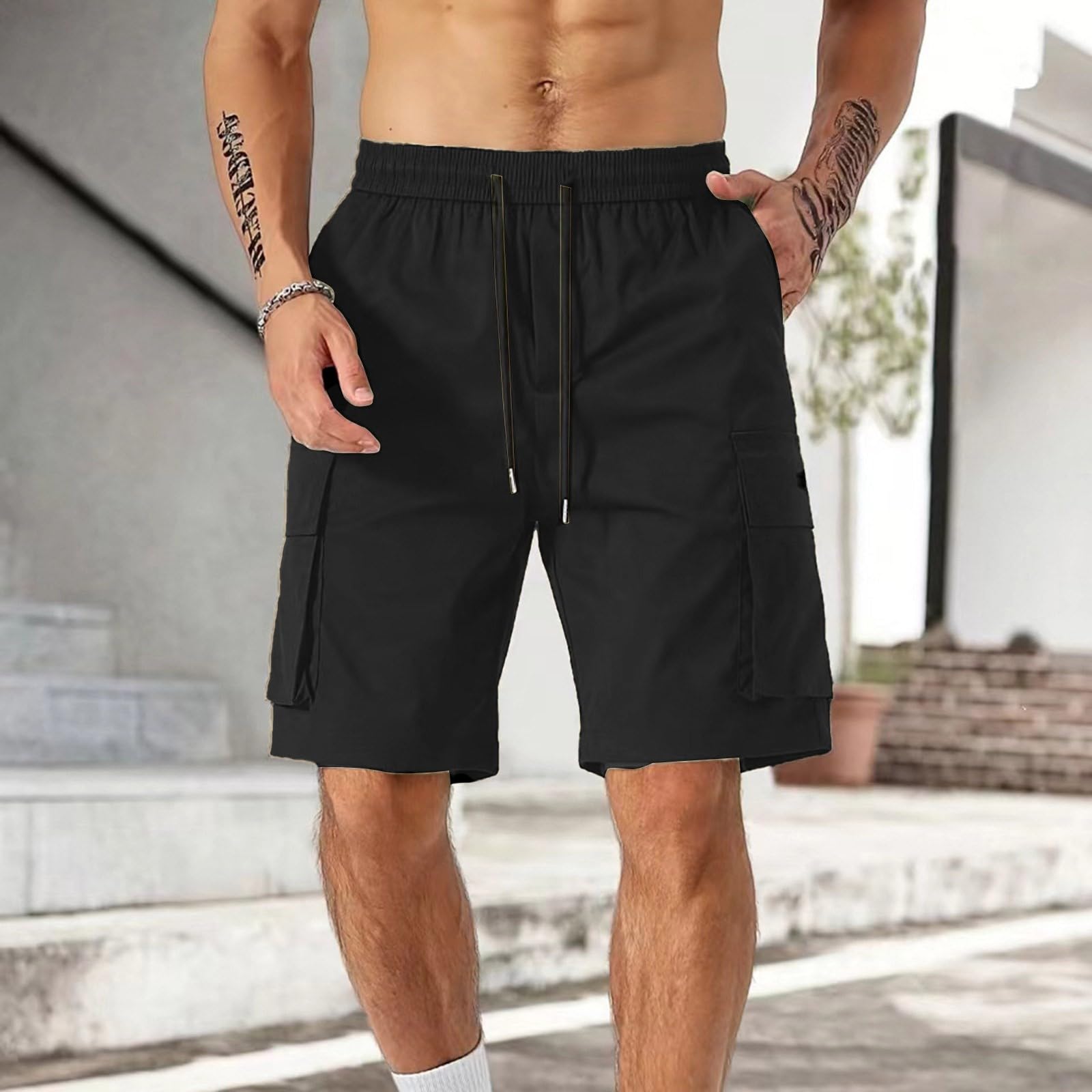 Black Cargo Shorts Men Relaxed Fit Drawstring Elastic Waist Chino Shorts Multi Pockets Casual Lightweight Big and Tall Knee Length Short Summer Stretch Carpenter Work Outdoor Long Hiking Short