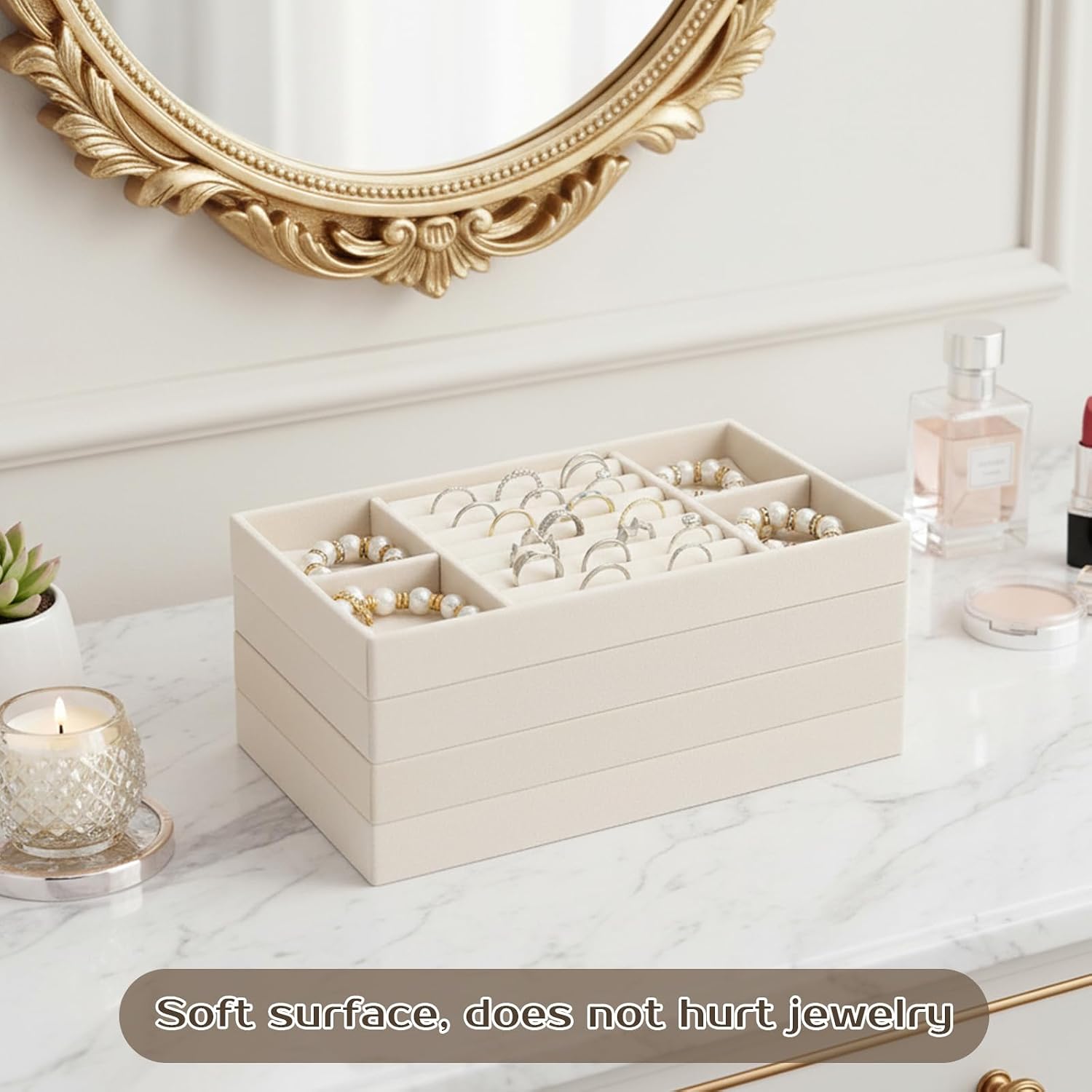 4 Pcs Stackable Jewelry Organizer Trays, 8 x 5 x 1 Inch Velvet Jewelry Trays Beige Jewellery Drawer Inserts Organizer Display Case Storage with Removable Dividers for Earring, Necklace, Rings