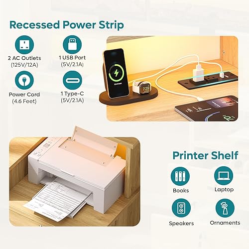 Miniatura 6 de Bestier Escritorio de oficina de 55 pulgadas con cajones y espacio de impresora, roble natural Roble,Negro -,Fibra de carbono,Roble gris,Marrón