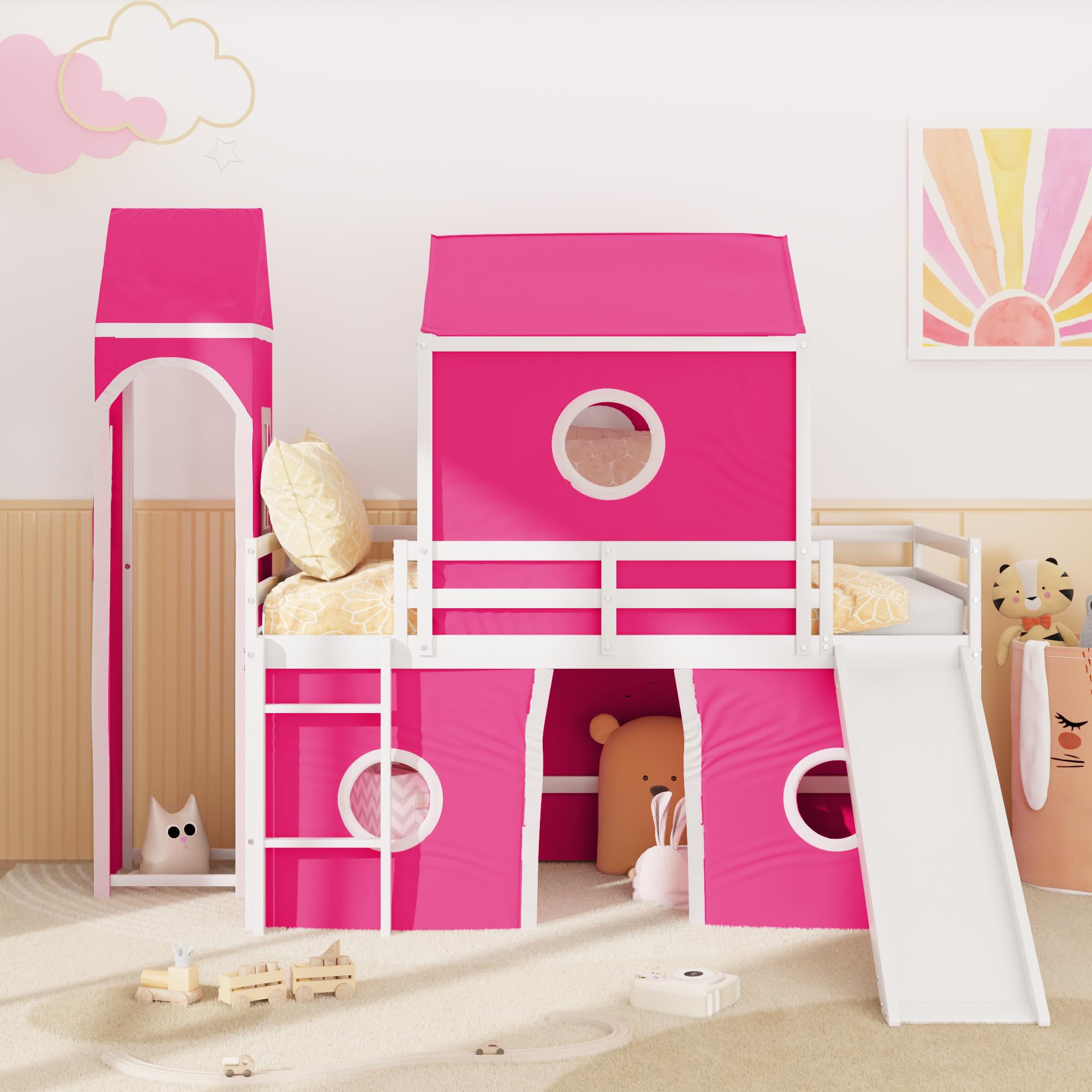 FUCIHOMA Twin Size Loft Bed with Slide Pink Play Tent and Castle Tower Solid Pine Wood Construction 3 Configurations for Kids Room Semi-Enclosed Design with Storage Space Under Bed
