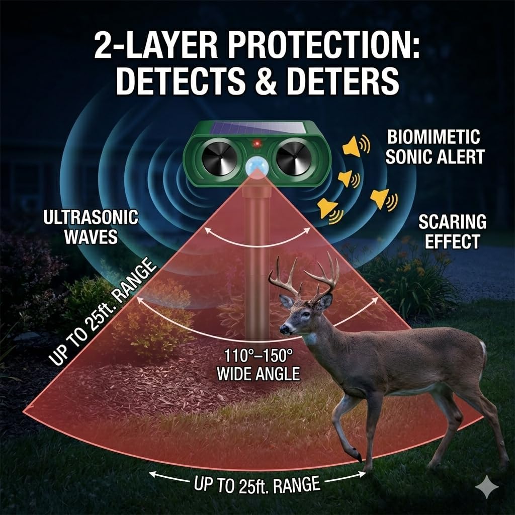 2026 Sonic Fortress Pro Deer Repellent Cat Deterrent Outdoor Solar Ultrasonic Animal Repellent with Motion Sensor,Squirrel Fortress Pro to Scare Rabbit Skunk Raccoon Dog Out of Garden Farm 4Pack