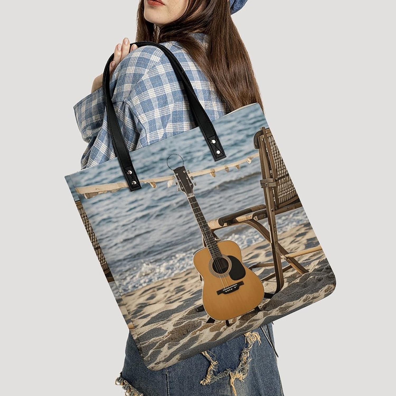 Guitar on The Beach Tote Bag with Magnetic Buckle Reusable Grocery Bags Lightweight Cross Body Handbag for Daily Essentials