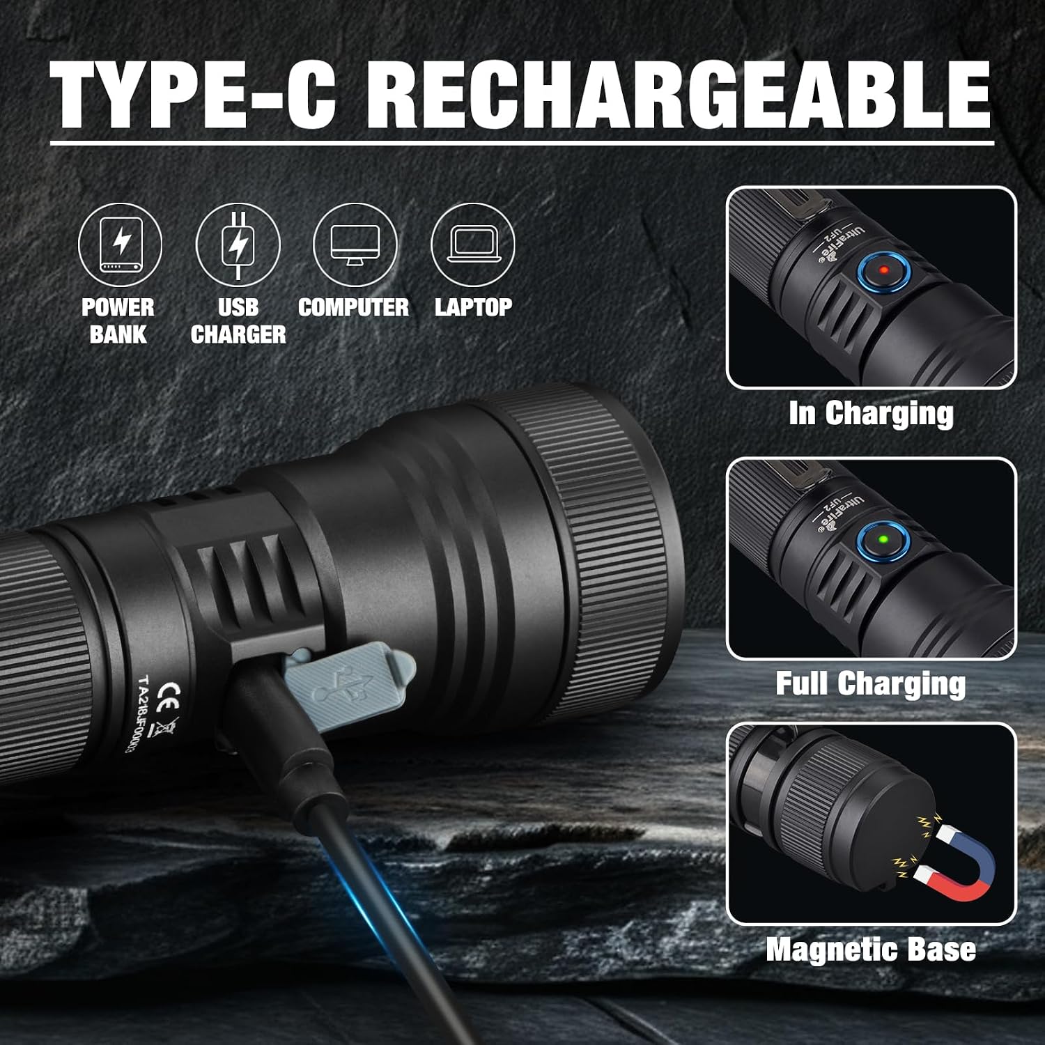 ULTRAFIRE Tactical Flashlight with Holster, 1500 Lumens USB-C Rechargeable Magnetic Flashlight, 5 Modes Zoomable Beam, Waterproof for Camping Law Enforcement UF2