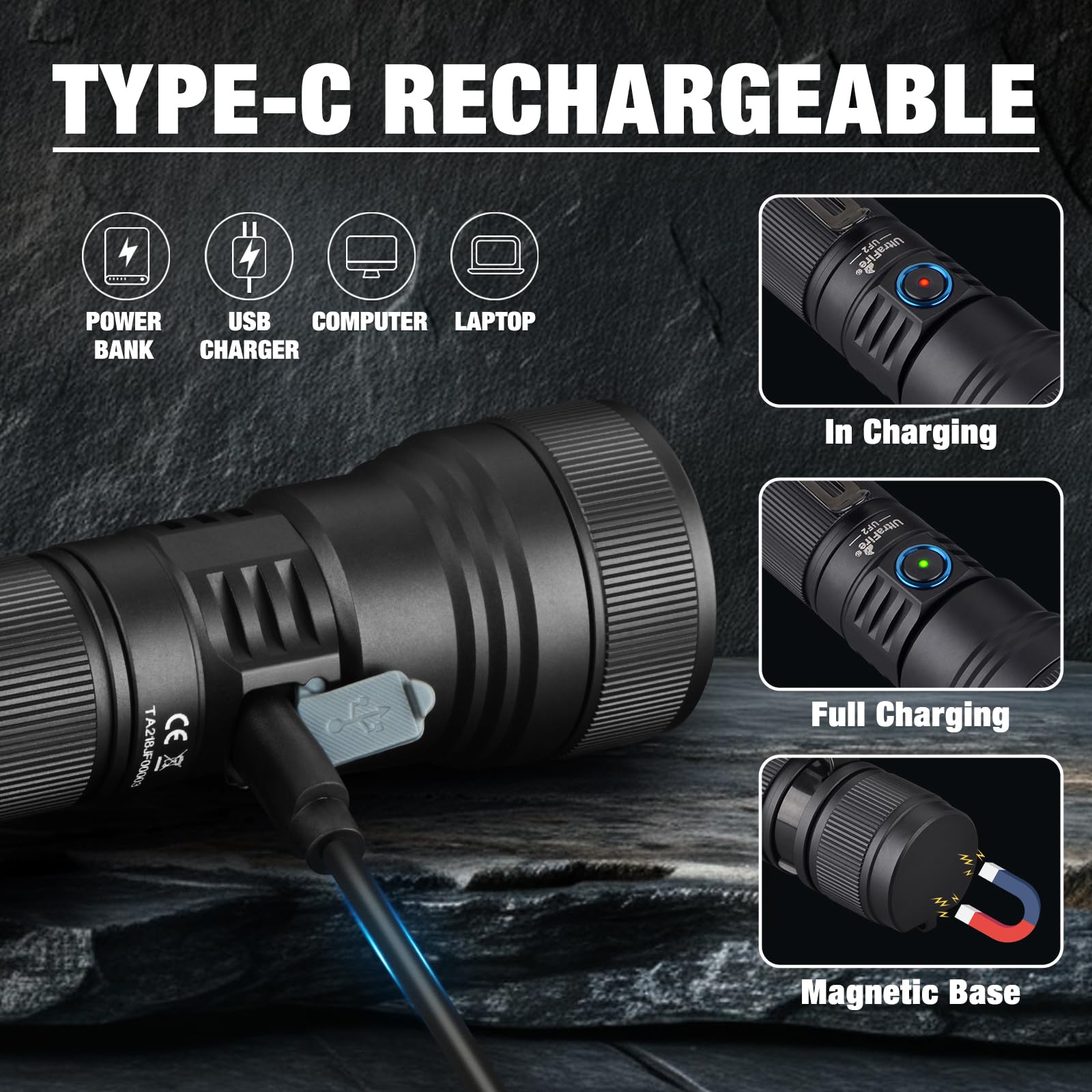 ULTRAFIRE Torcia tattica ricaricabile con fondina, 1500 lumen, torcia LED zoomabile con supporto per cintura, 5 modalità di torcia per polizia, per forze dell'ordine, sicurezza, pattuglie, UF2