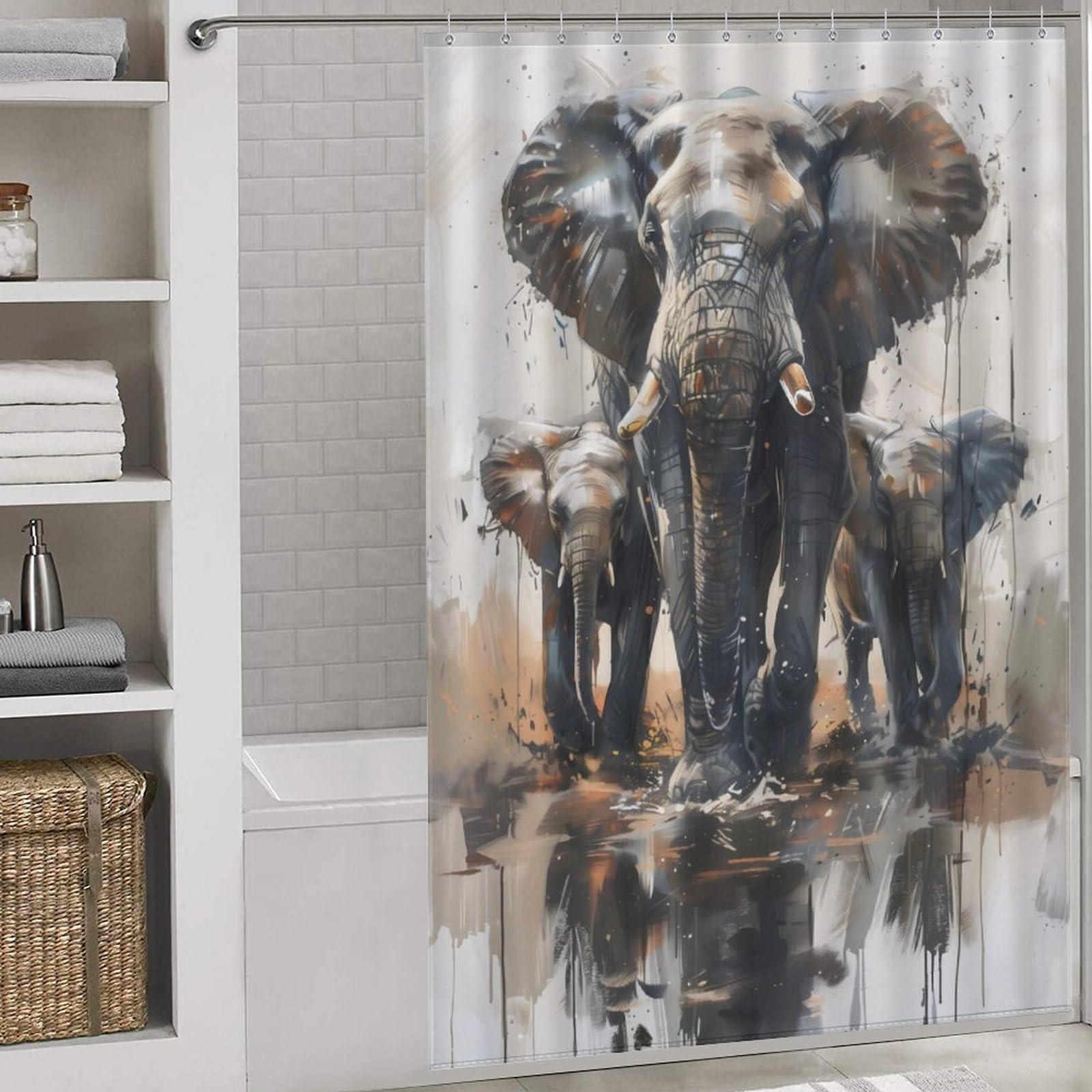 Rideau de douche éléphants aquarelle lavable 143x180cm avec ses 12 crochets