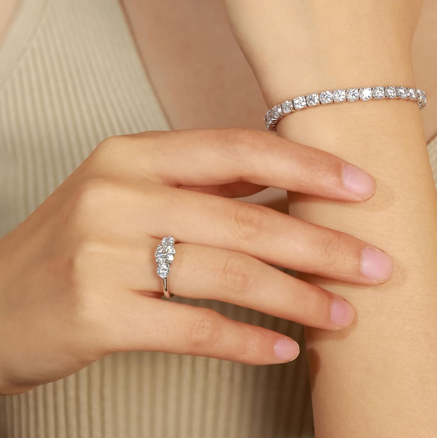 1ct Moissanite Ring for Women, 6.5MM Main Stone D Color VVS1 Round Brilliant 3 Stone Moissanite Engagement Wedding Proposal Promise Ring for Women, Anniversary Bridal Gift,All Size - Image 3