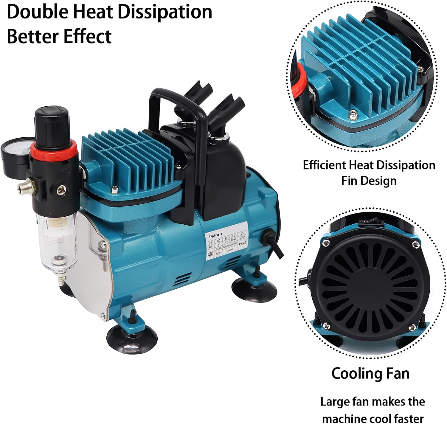 Airbrush Compressor with Dual Airbrush Holders & Air Hose, TC-812 Mini Quiet Compressor Kit, 4 Bar Auto Stop, Complete Set for Hobby Painting, Cake Decorating, Tattoo, Model Making, Nail Art