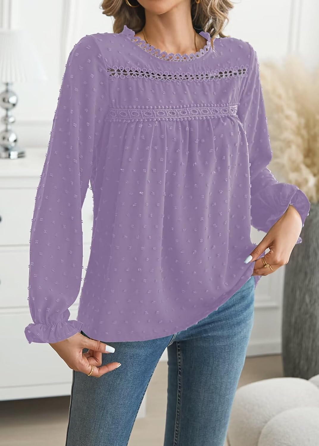 Womens Boho Tops Long Sleeve Shirts For Women Cute Crewneck Blouse Dressy Casual Swiss Dot Crochet Hollow Top 2026 - Image 5