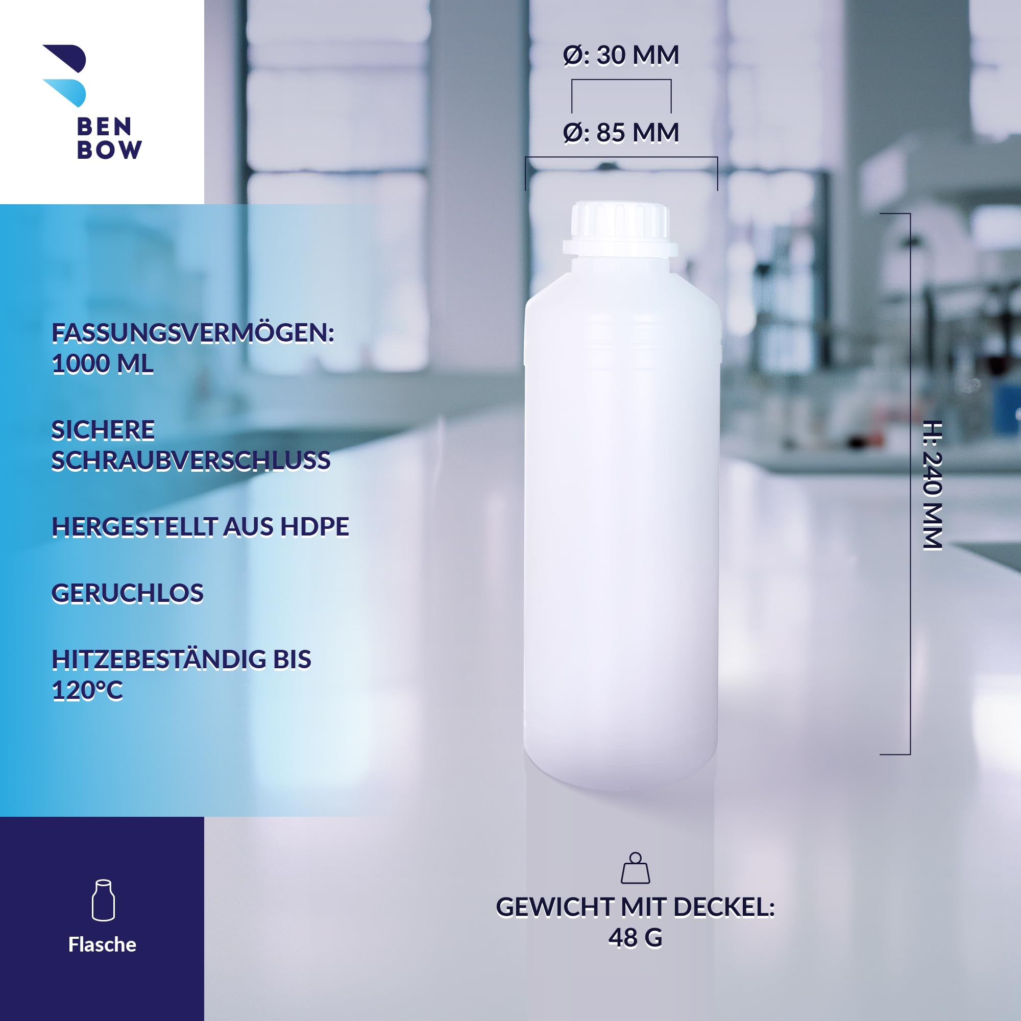 BENBOW Botella de plástico HDPE de 50x 1000 ml con cierre de rosca y escala para el almacenamiento seguro de líquidos y productos químicos - ideal para hogar laboratorio e industria Aceite y pegamento