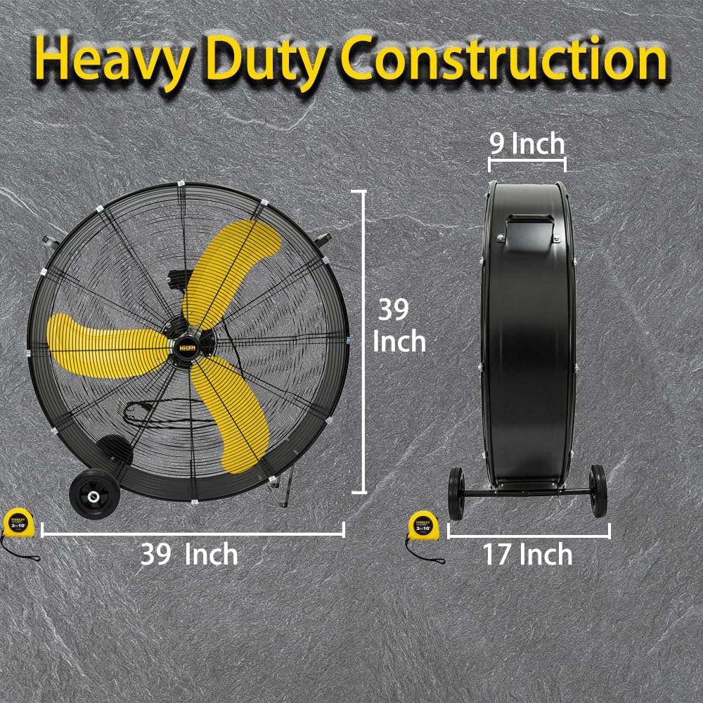 HiCFM 36" Industrial Drum Fan, 18600 CFM High Velocity 2 Speed 3/5 HP Heavy Duty Metal Air Circulator with Casters Handle 9ft Cord for Basement Warehouse Factory workshops Patios