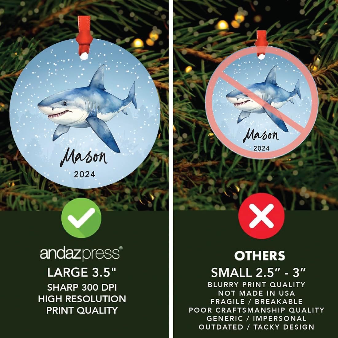 Andaz Press 3.5" Metal Personalized Shark Ornament 2026, Blue Shark Design, Custom Shark Ornaments for Christmas Tree, Customized Shark Christmas Ornament for Kids, Shark Lovers, Marine Life - Image 5
