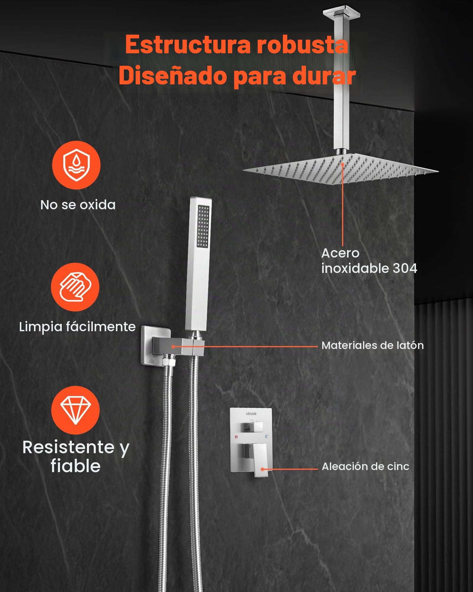 VEVOR Juego de Grifo de Ducha de Lluvia con Cabezal de Ducha Cuadrado de 30,5 cm y Rociador de Mano, Grifería de Techo con Válvula de Latón y Kit de Embellecedor, 6,7 L/min, Níquel Cepillado