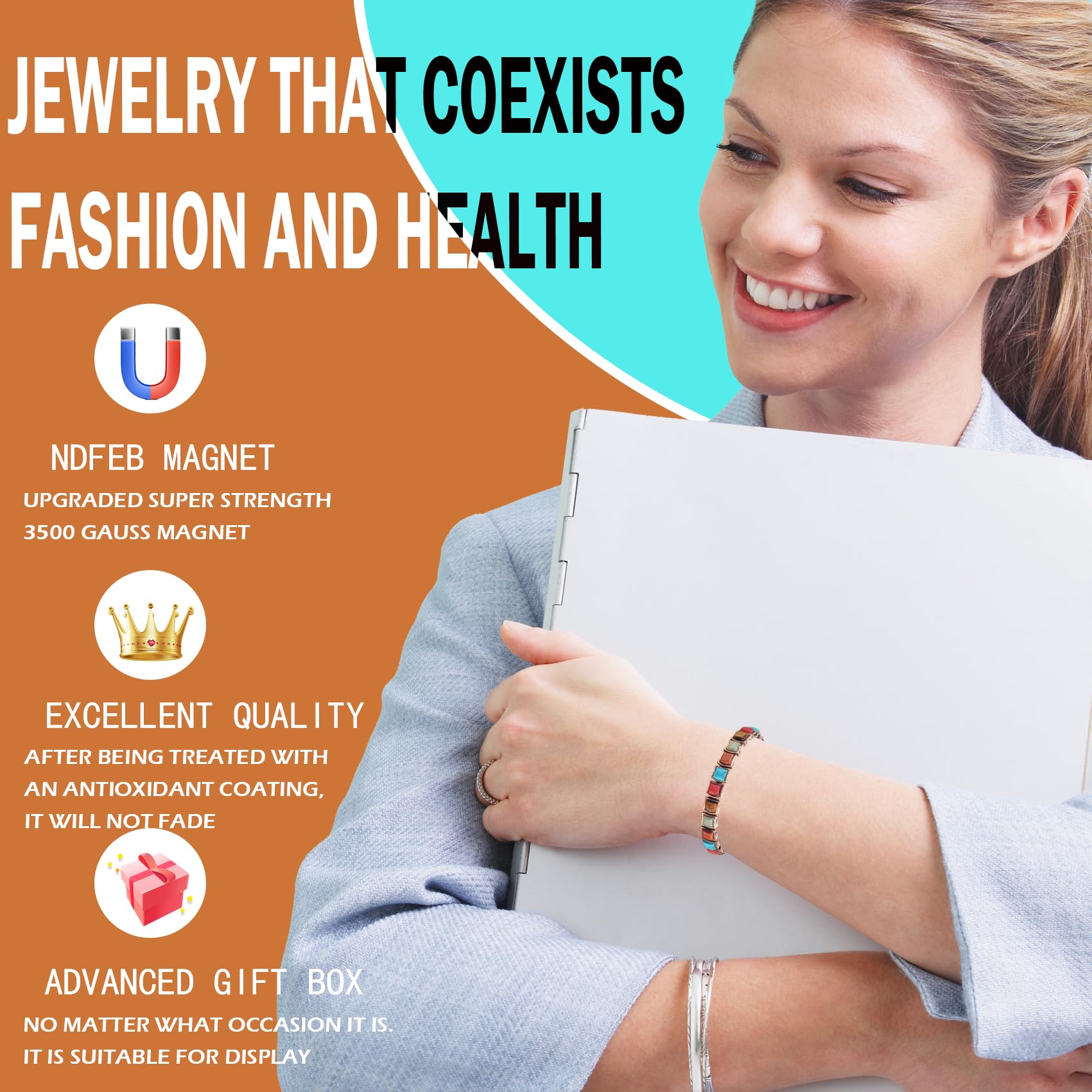 YINOX Magnetfeldtherapie-Kupferarmband für Frauen, türkisfarbenes buntes Armband, reines Kupfer-Magnetarmband