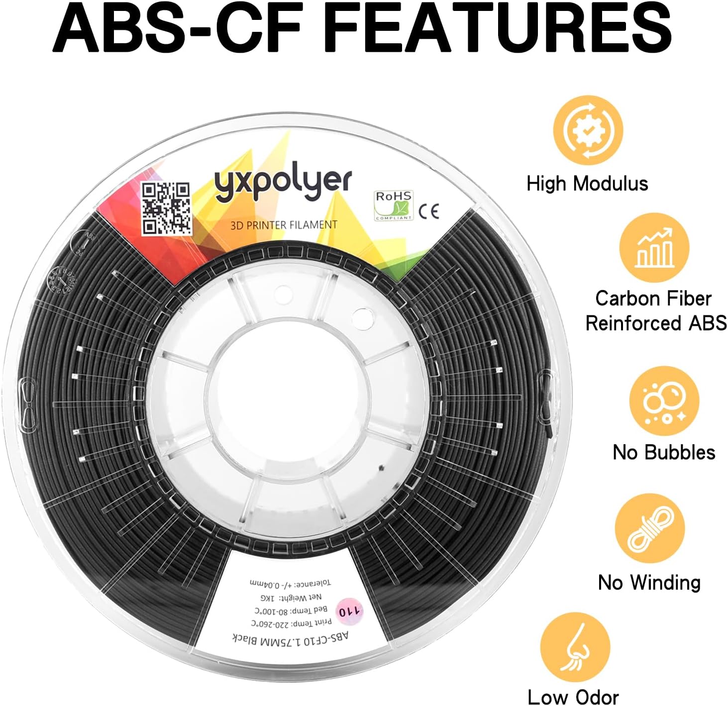 YXPOLYER Carbon Fiber ABS Filament 1.75mm 1kg ABS-CF 3D Printer Filament with Transparent Reusable PC Deformation-Resistant Spool fit AMS