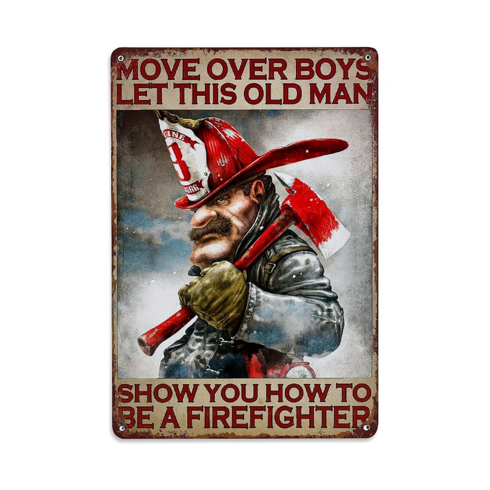 Jdfenggu Vintage Firefighter With Axe And Hat Retro Metal Tin Sign, Decor Art Poster For Bar, Home, Man Cave, Kitchen, Laundry Room Gift 8X12inch