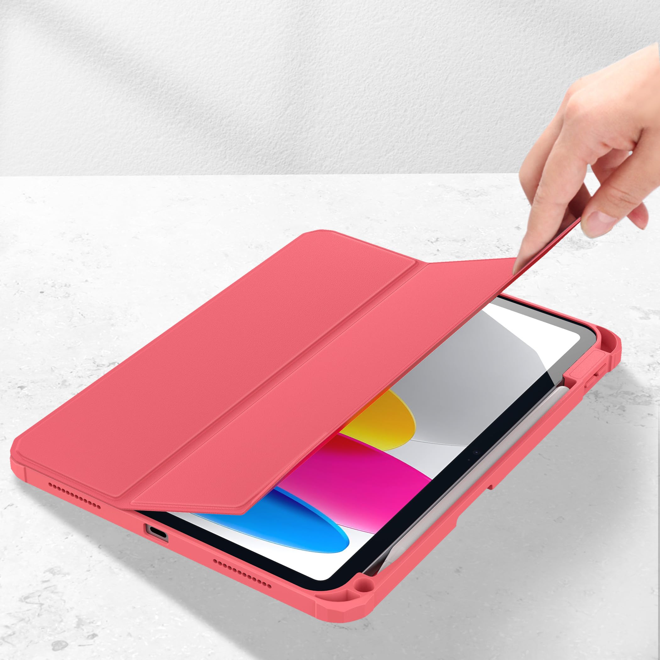 CACOE Custodia Cover Compatibile con iPad 10 generazione 2022, Ultra Sottile Retro Trasparente Cover con Portapenne, Rosso anguria