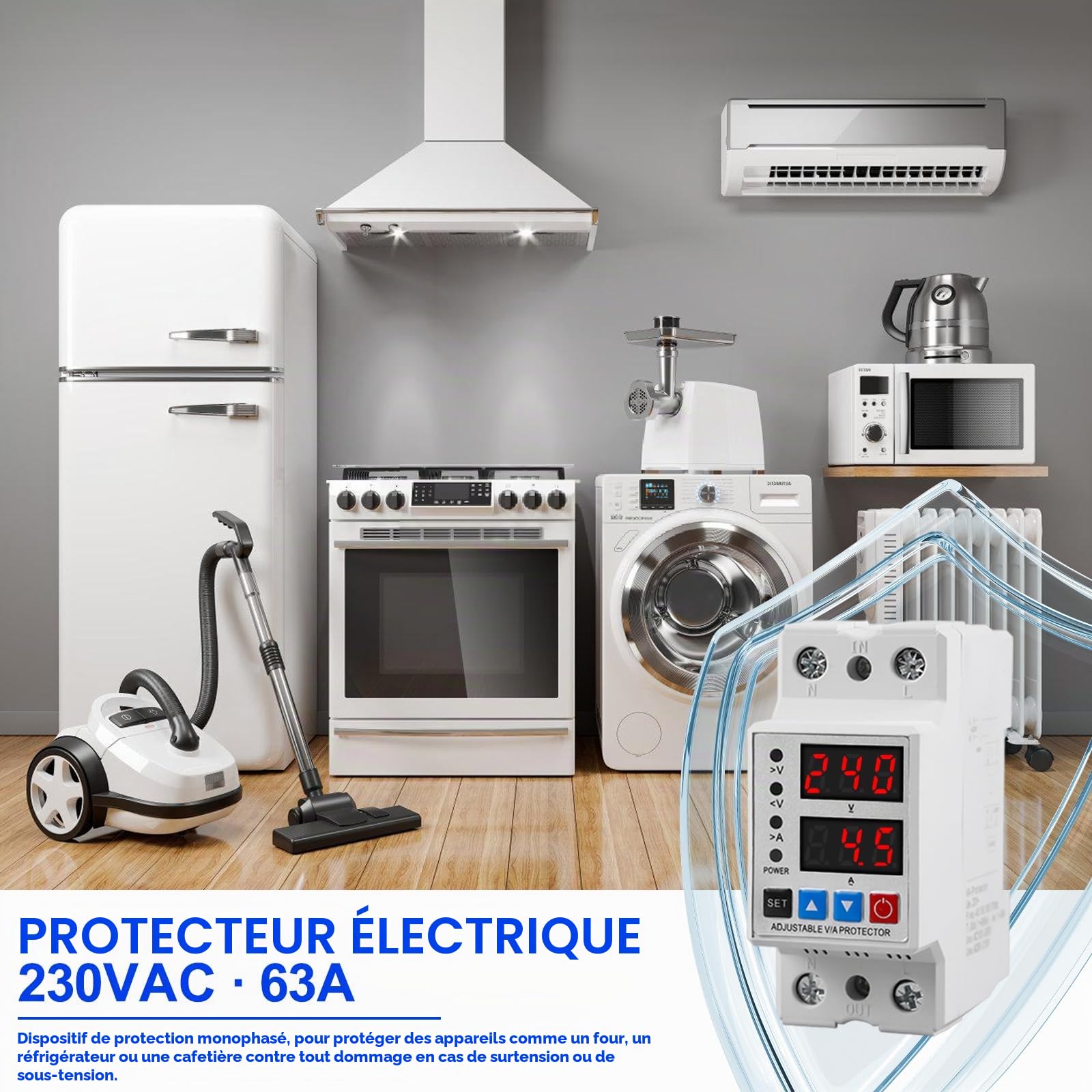 Aicharynic Stabilisateur de tension, Protecteur de Surtension et Sous-tension, Stabilisateur Relais AC230V Automatique de Protection Surtension 2P63A
