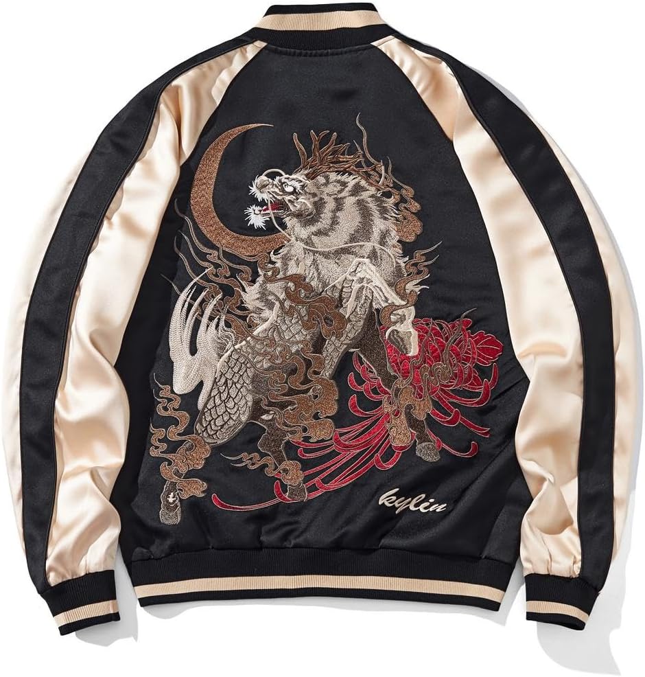 Kylin Embroidery Men's Bomber Jacket Oversized Zip Up Hip Hop Coat Vintage Japanese Style Windbreaker