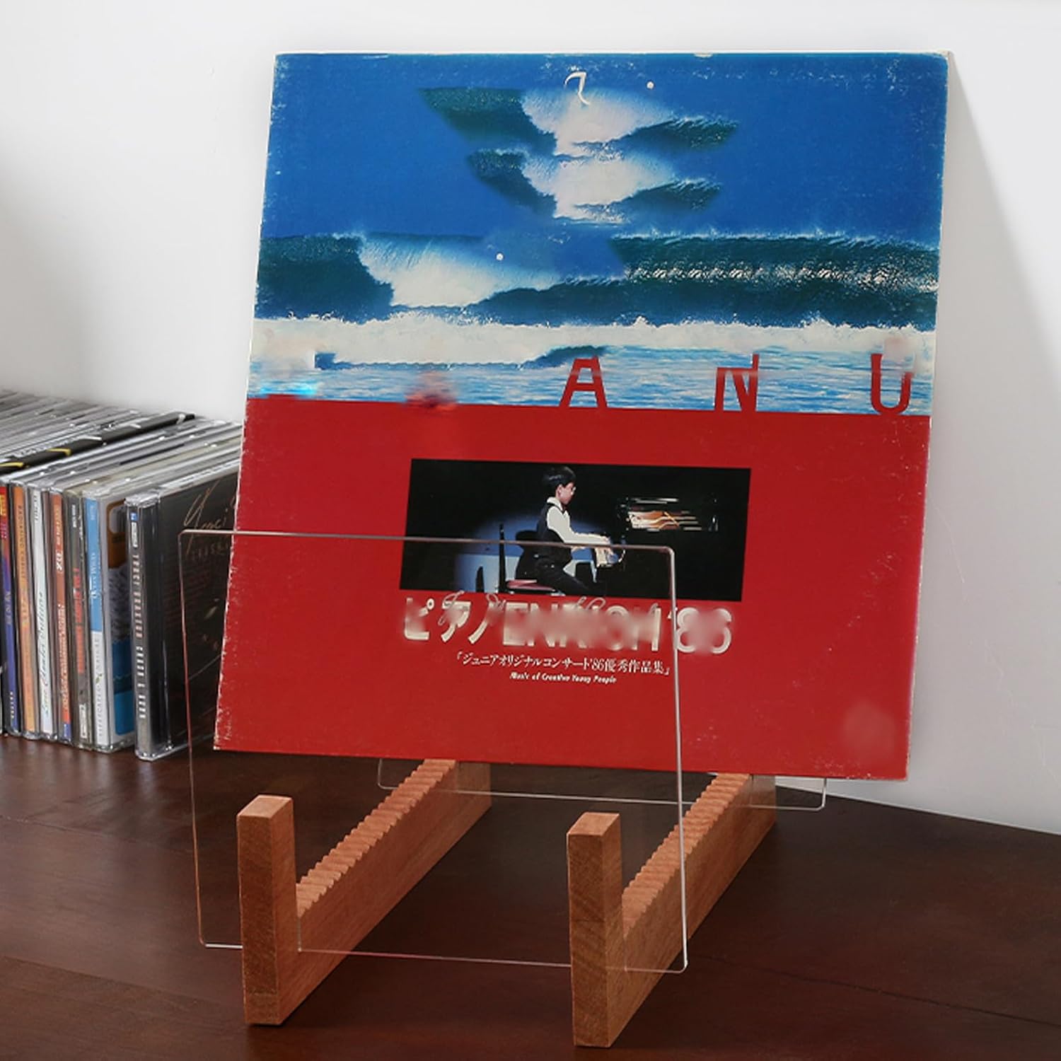 Wood Vinyl Record Storage Holder Vinyl IP Records Stand Album Storage Organizer Display Stand Rack Holds Up to About 15 Albums DVDs CDs (Brown)