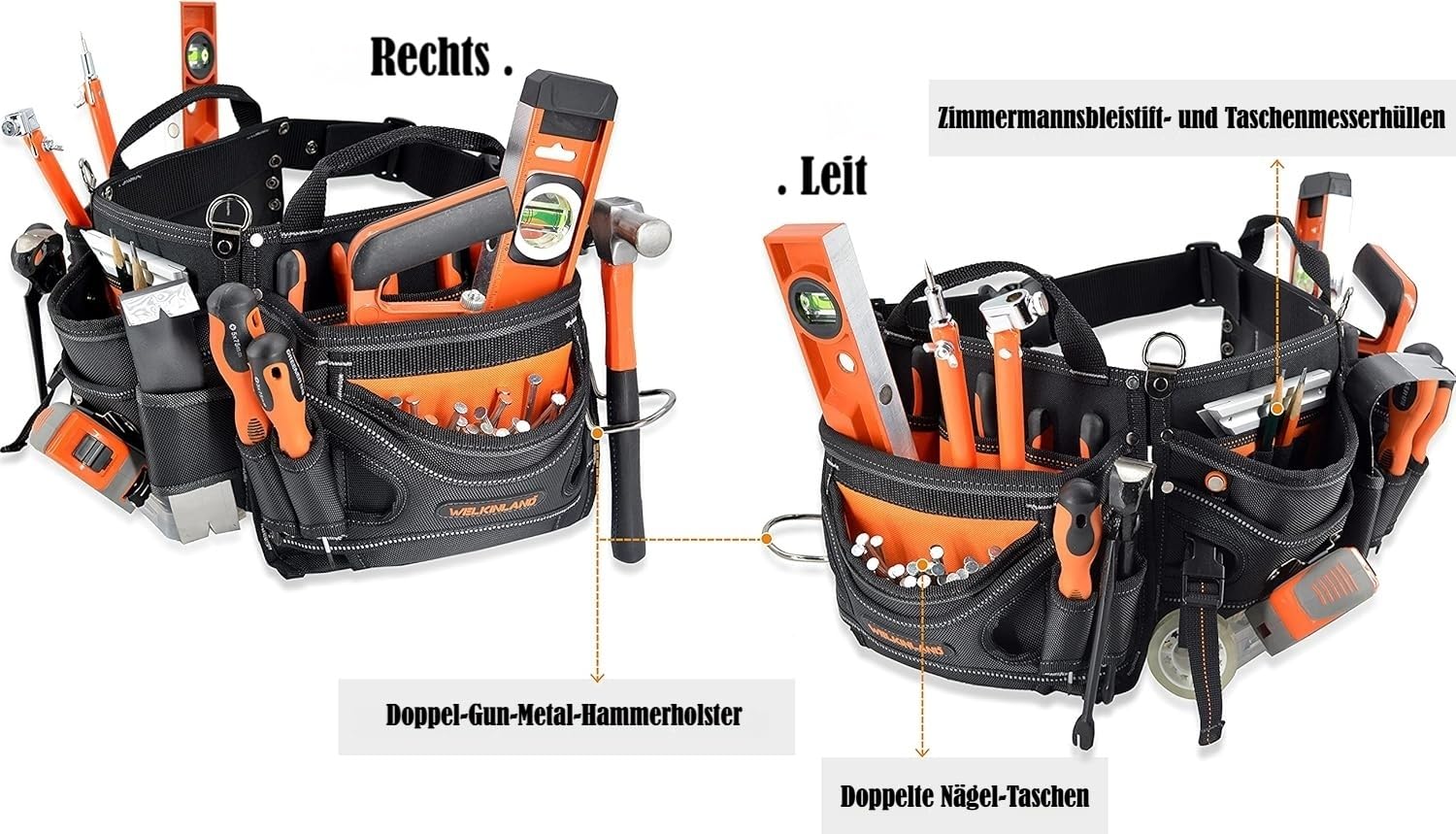 WELKINLAND 18 Taschen Zimmermanns-Werkzeuggürtel - Bau- & HVAC-Werkzeugtasche für Herren