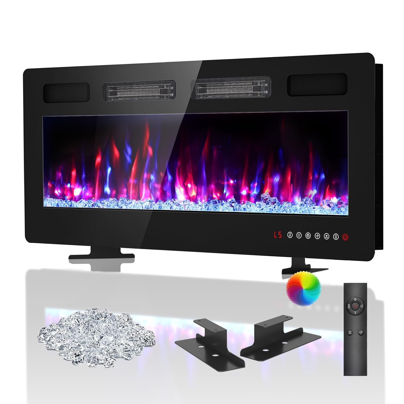 BREEZEHEAT 42 Inch Ultra Thin Electric Fireplace-Freestanding or Recessed Wall Mounted Fireplace, Remote Control, Touch Screen, 750W/1500W, 8H Timer for Living Room, Bedroom, Office