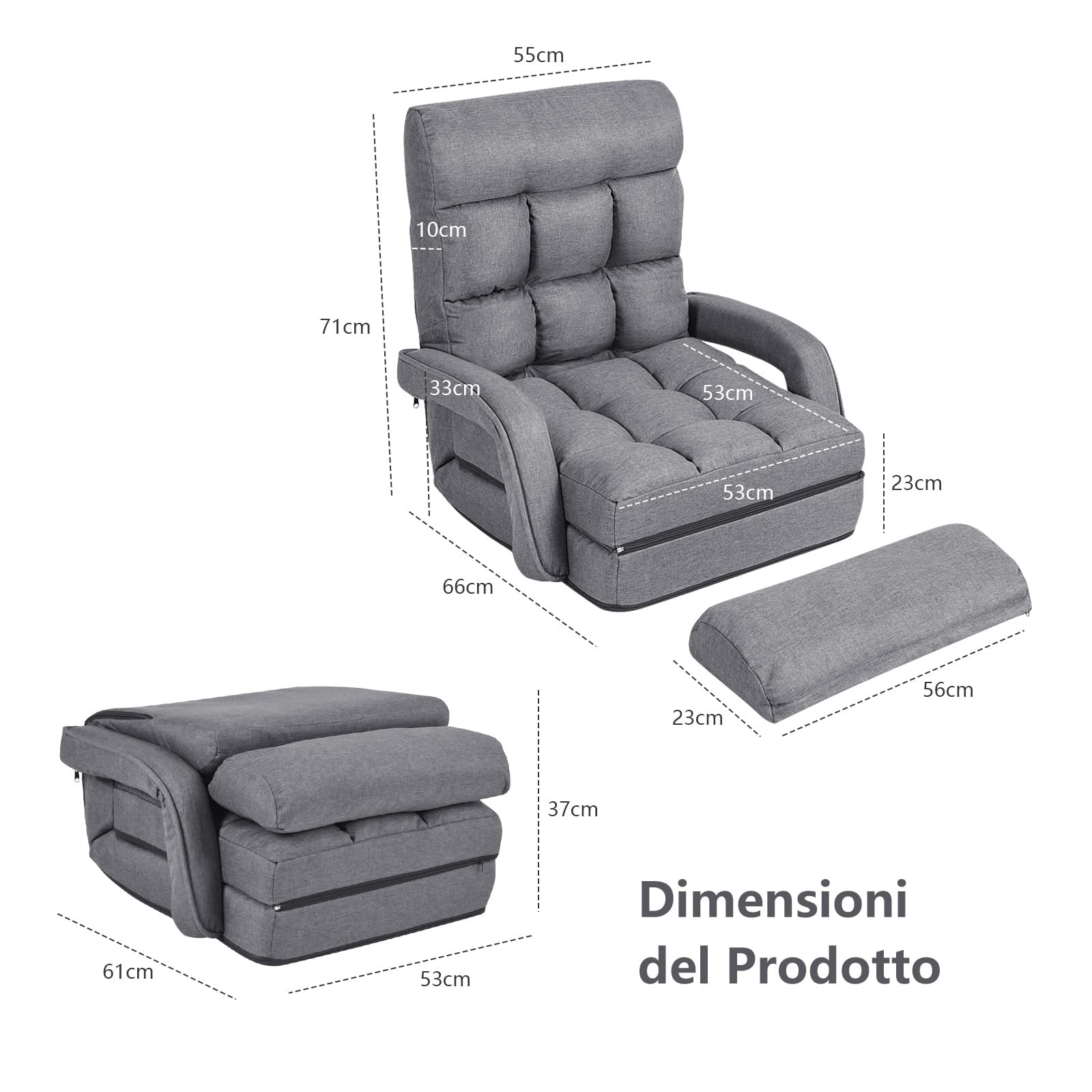RELAX4LIFE Poltrona Pieghevole con Cuscino, Sedia da Terra Regolabile in 5 Livelli, Divano e Letto, Poltrona Reclinabile, Ergonomico, Comodo Tessuto e Imbottitura (GRIGIO)
