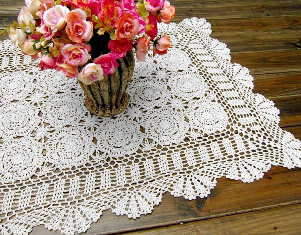 Damanni Rectangular Cotton Handmade Crochet Lace Table Runner Doilies Table Dresser Scarf Décor,19 Inch by 31 Inch，White