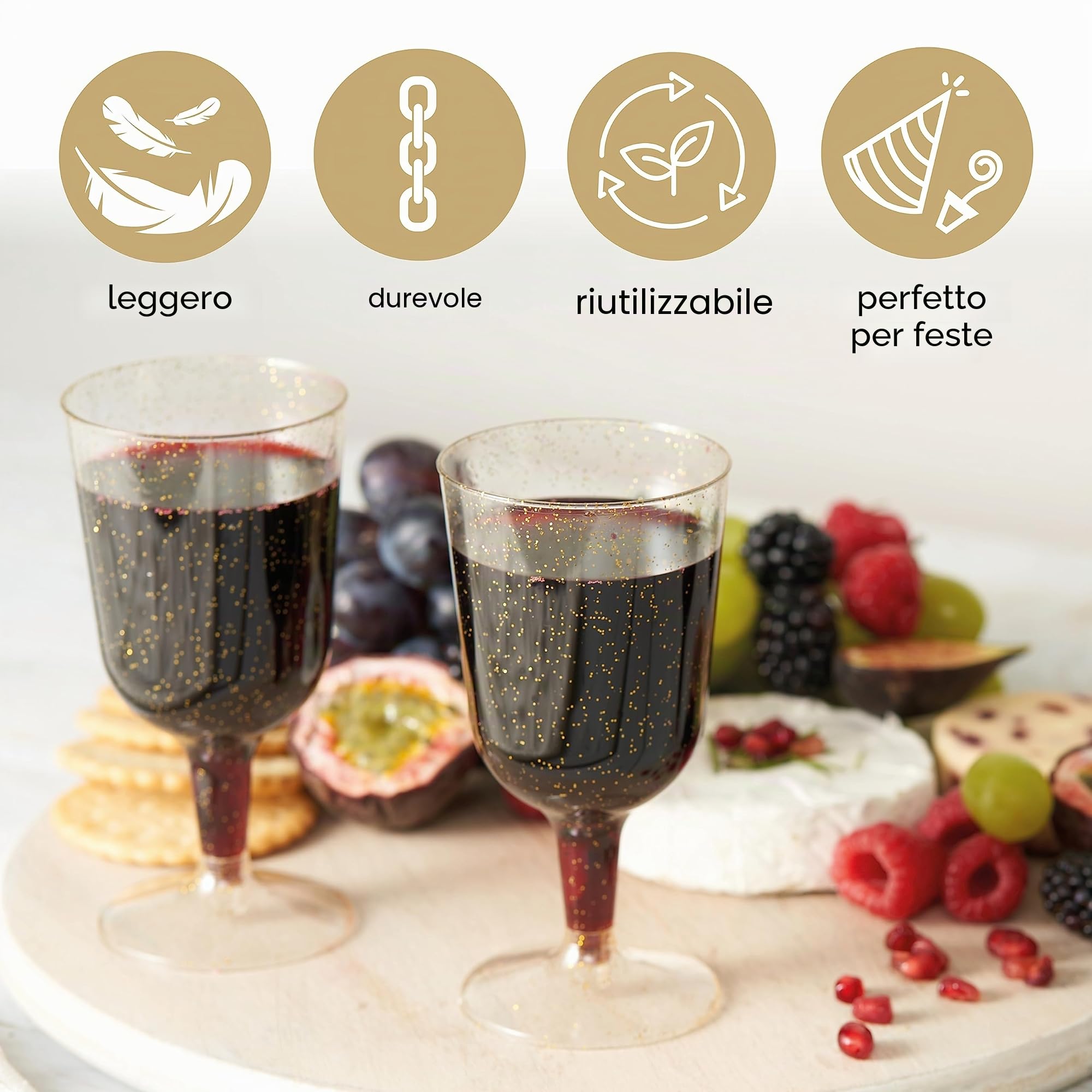 Matana 50 Eleganti Bicchieri da Vino in Plastica Rigida Trasparente con Glitter Dorati, 180ml - Resistenti e Riutilizzabili - Calici in Plastica per Vino per Compleanni, Matrimoni, Natale, Feste