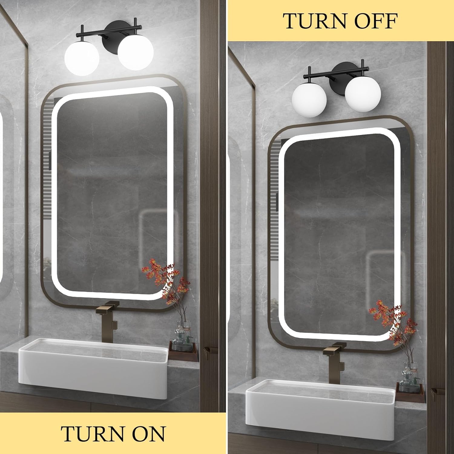 Ralbay Black Vanity Lights - 2 Mid Century Modern Bathroom Lights Over Mirror, Milk White Globe