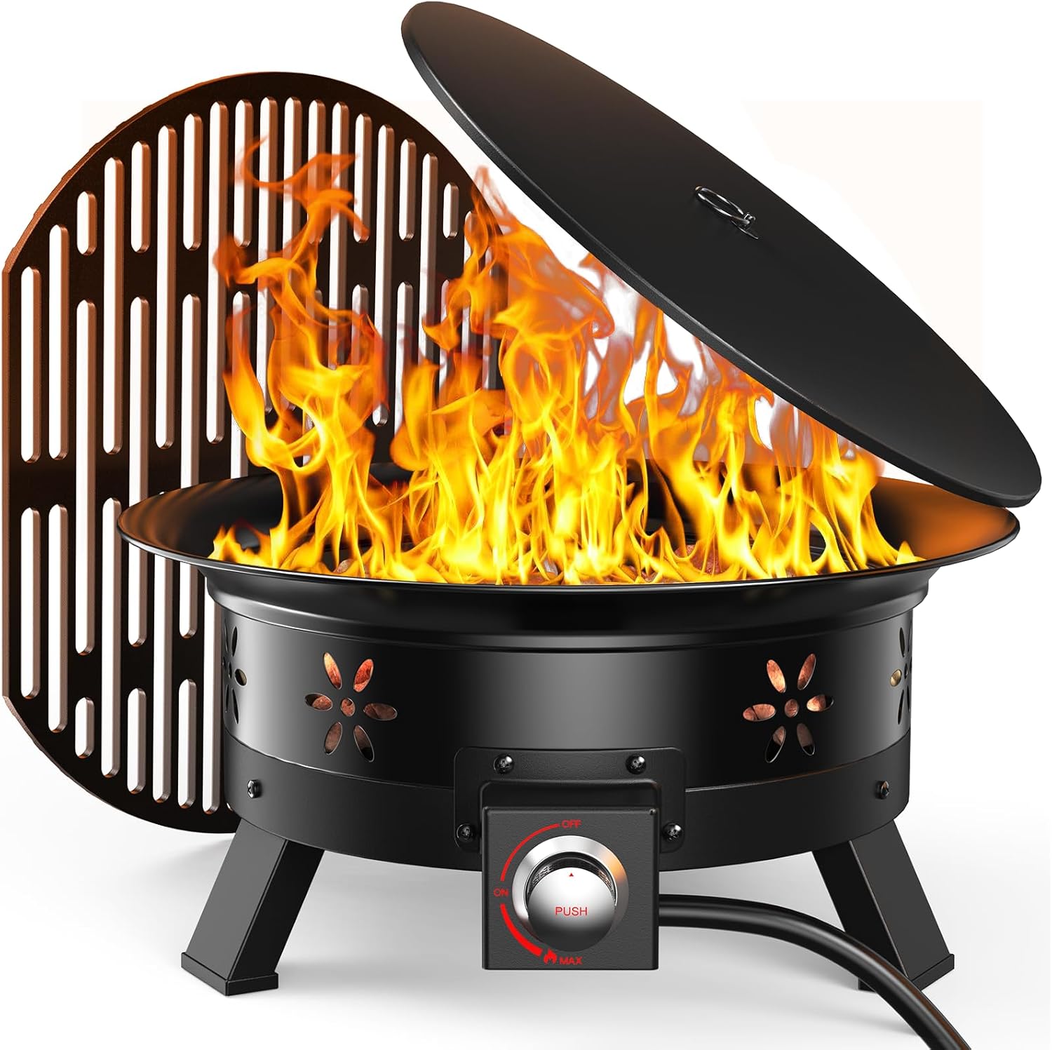 AMADA HOMEFURNISHING 19" Portable Propane Fire Pit - 58,000 BTU Smoke-Free Heat, Grill Grate, Folding Legs, Tank Holder, Cover & Strap, Easy Piezo Ignition