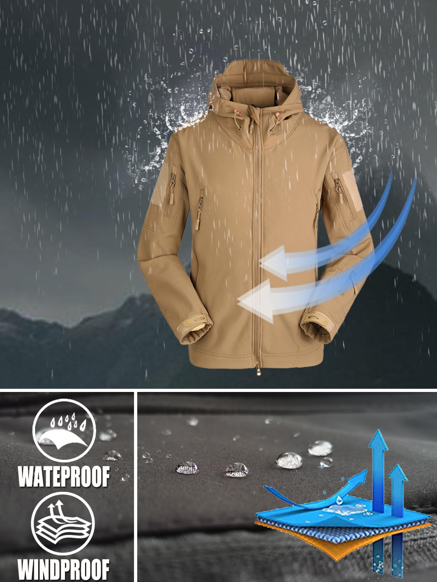 Kelmon Uomo Tattico Softshell Giacca Multifunzionale Outdoor Camouflage Militare Pile Fodera Impermeabile Antivento Calda Cappuccio Cappotto