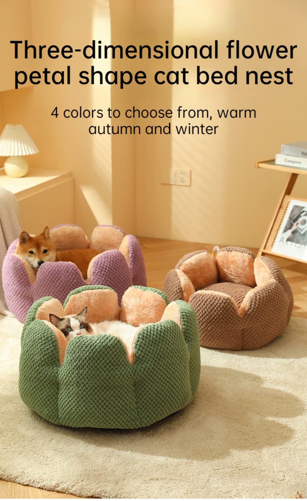 SSDHUA Cat Nest Flower-Shaped Cat Sofa Bed Cute and Comfortable Pet Cat House Plush Thickened Pet Bed Suitable for Small Cats and Dogs (M,Green)