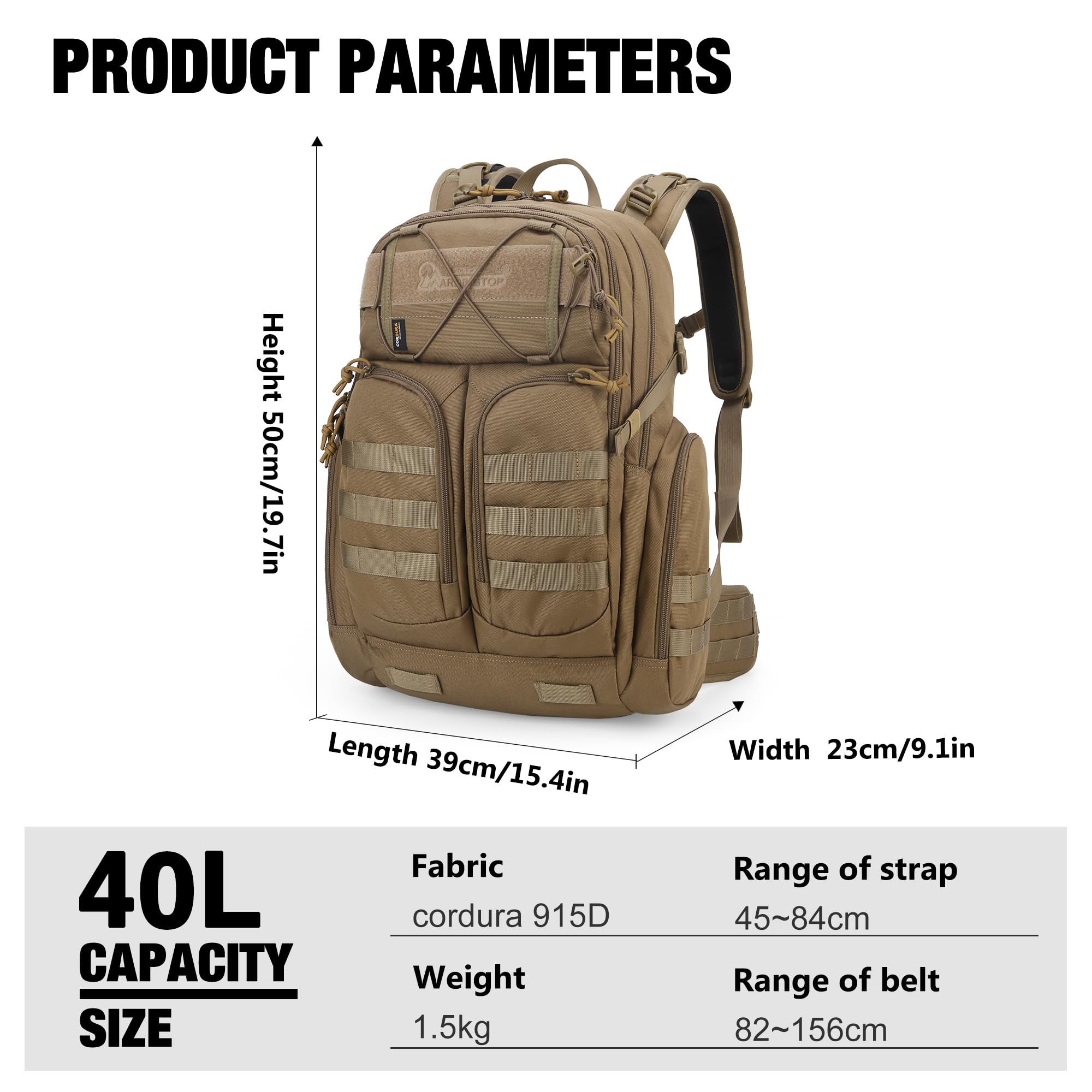 Mardingtop 40L Militärrucksack Molle System Taktischer Rucksack | für Herren aus Cordura Wanderrucksack für Outdoor, Trekking, Bergsteigen
