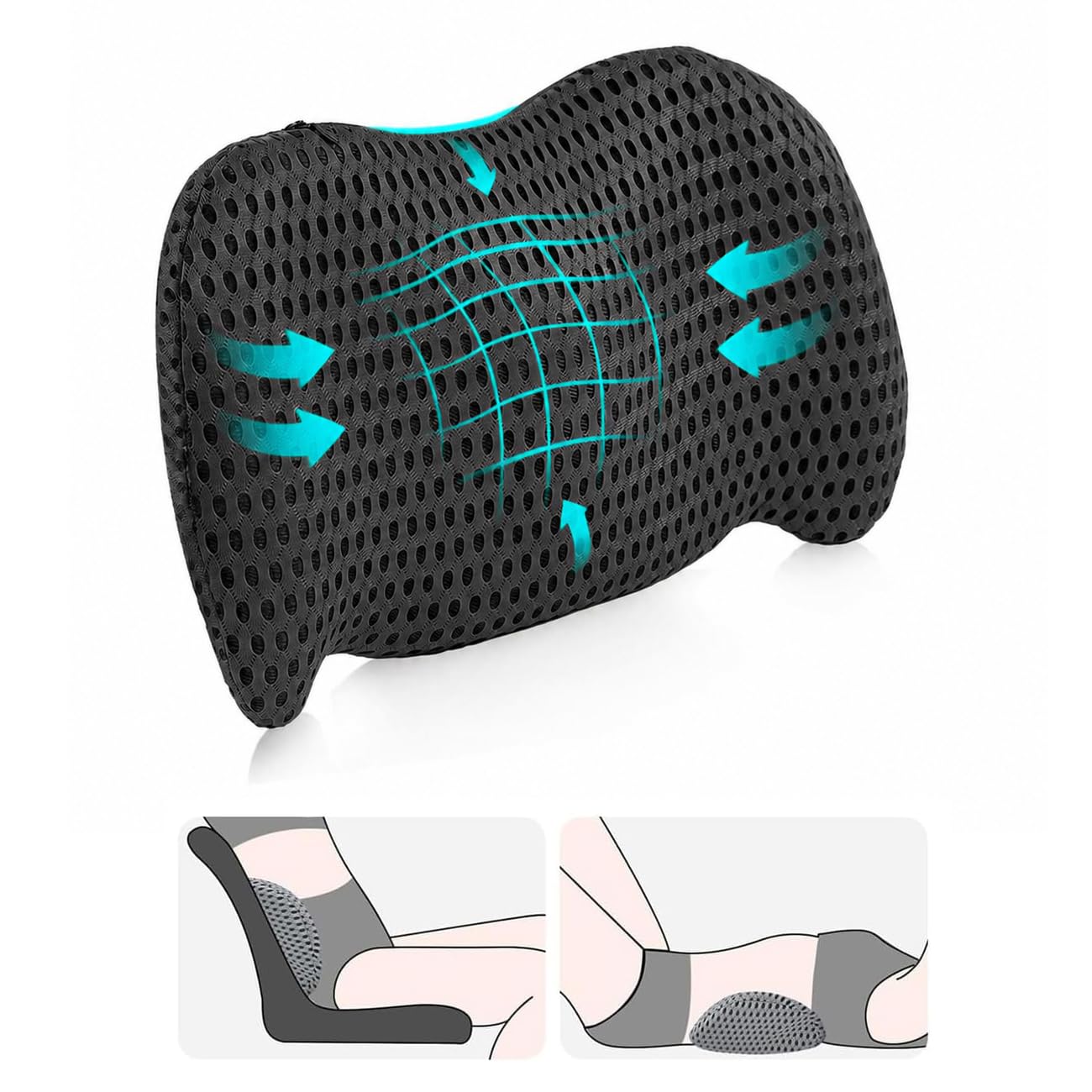 Lumbar Support Cushion for Car Seat, Office Chair & Sofa – Memory Foam Lower Back Pillow for Pain Relief, Ergonomic Backrest with Breathable 4D Mesh Cover, Removable & Machine Washable (Black)