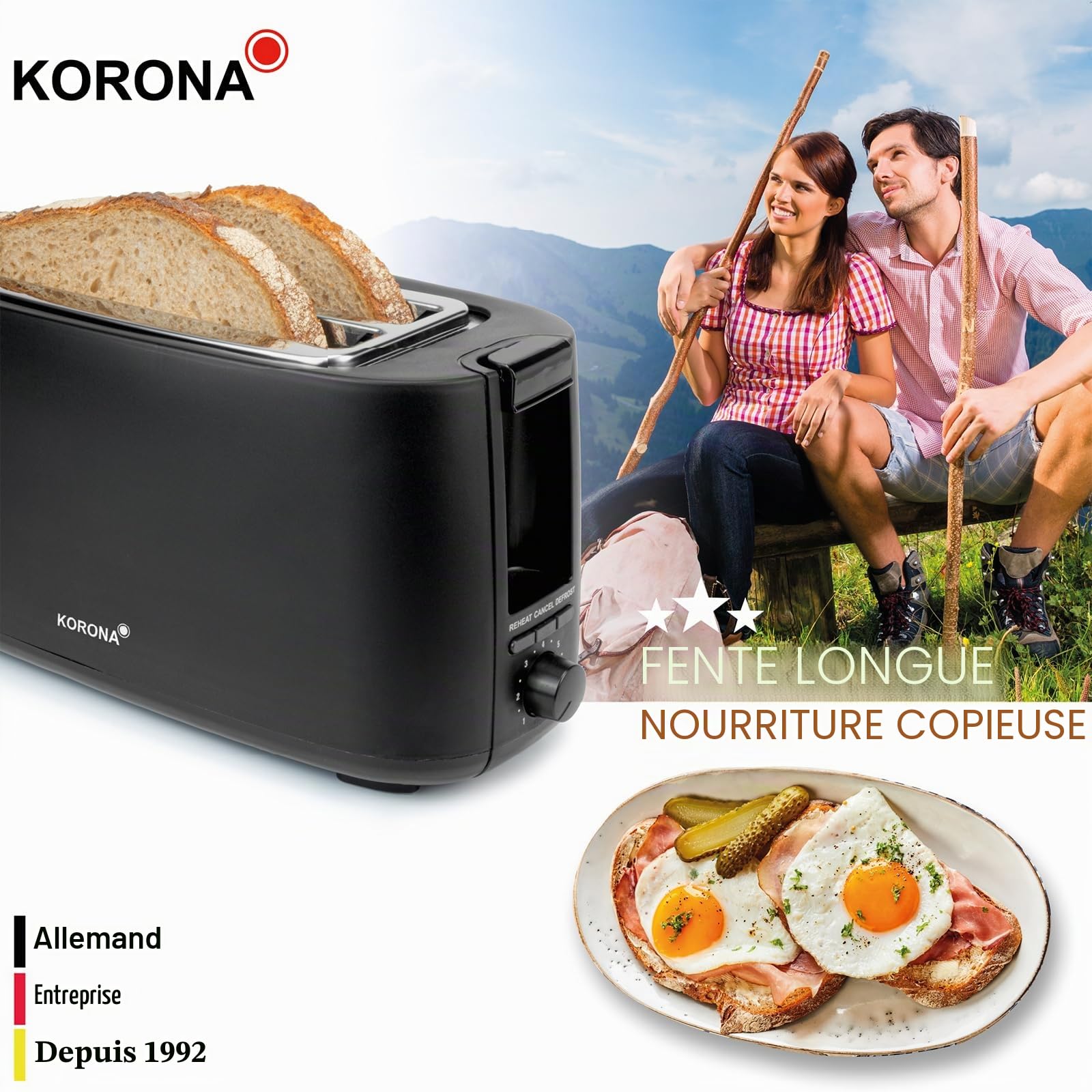 Korona 21060 Grille-pain 4 tranches | Fente | degré de torréfaction réglable | Dégivrage | Torréfaction | Échauffement | 1 400 watts | Accessoire chignon | Tiroir à miettes | Centrage de la tranche de
