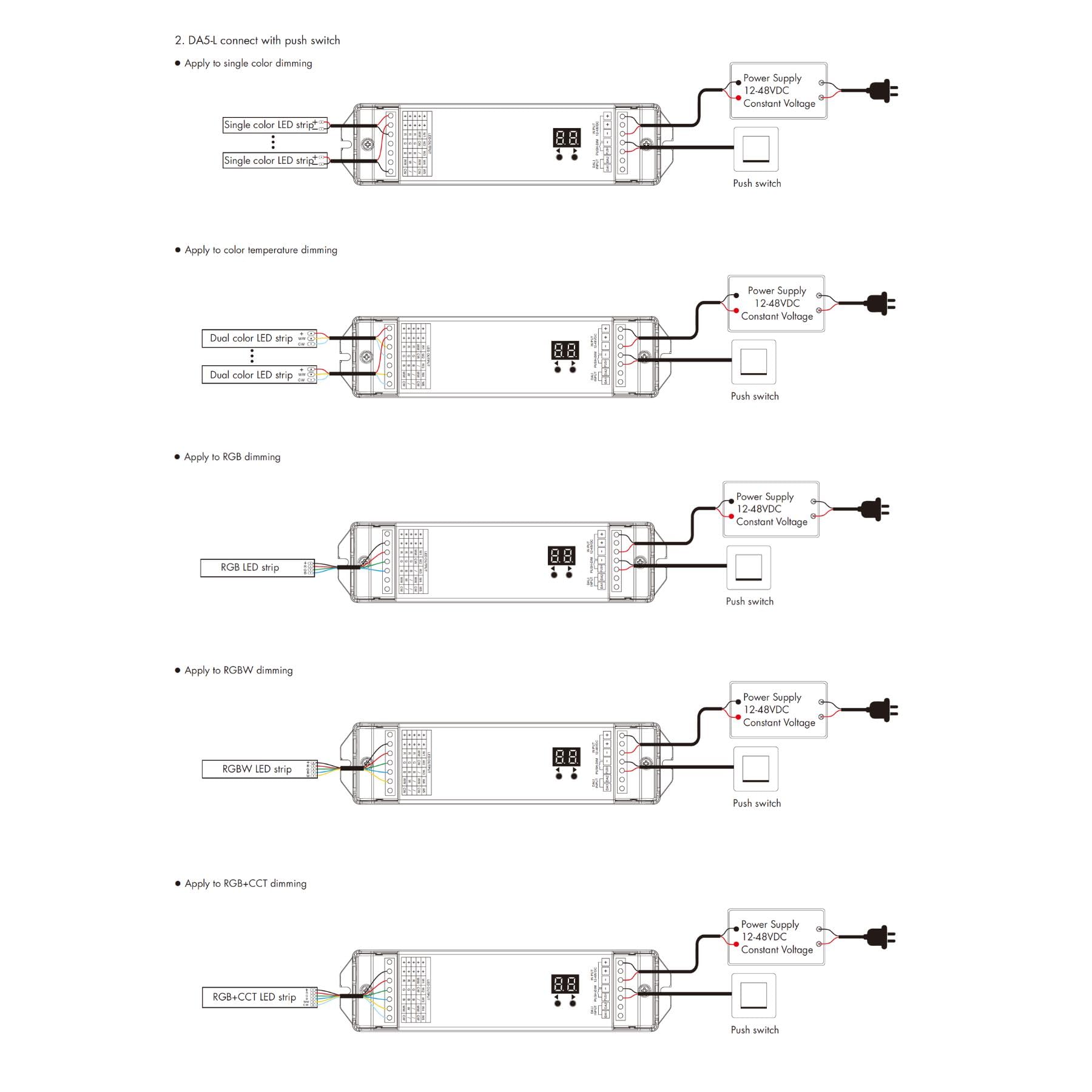 DALI-Dimmer 5 Kanäle, 5X4A@12V/24V, 5X3A@36V/48V, dimmbar mit NO-Taste, Push Dim, DALI-2, PWM, DT6 DT8 für einfarbige LED-Streifen CCT RGB RGBW RGB+CCT