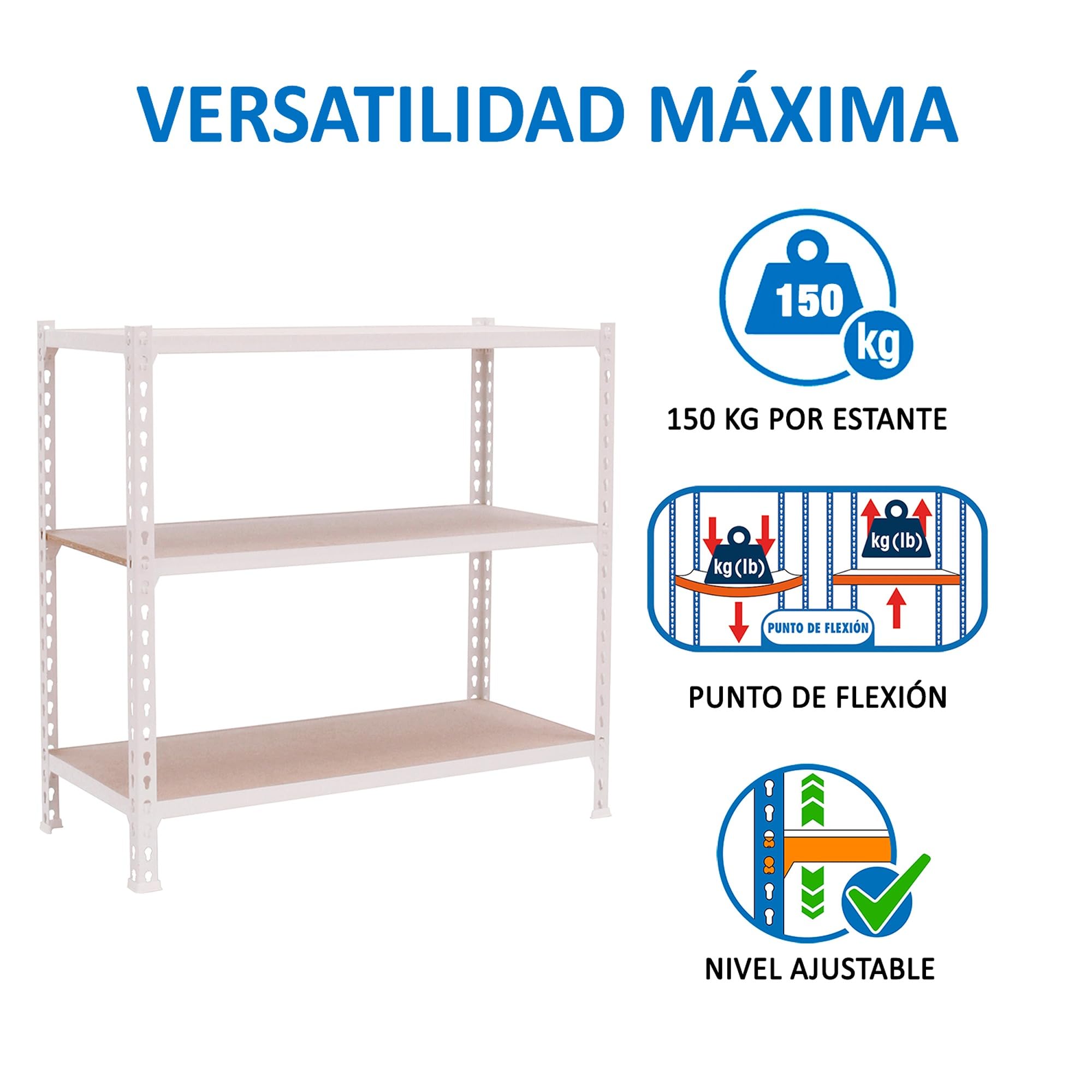 SimonRack Estanterias Metalicas, 900x1000x500 mm, 3 Baldas de Madera, 150 kg de Punto Flexión, Estanterias Almacenaje, Blanco/Madera - Maderclick