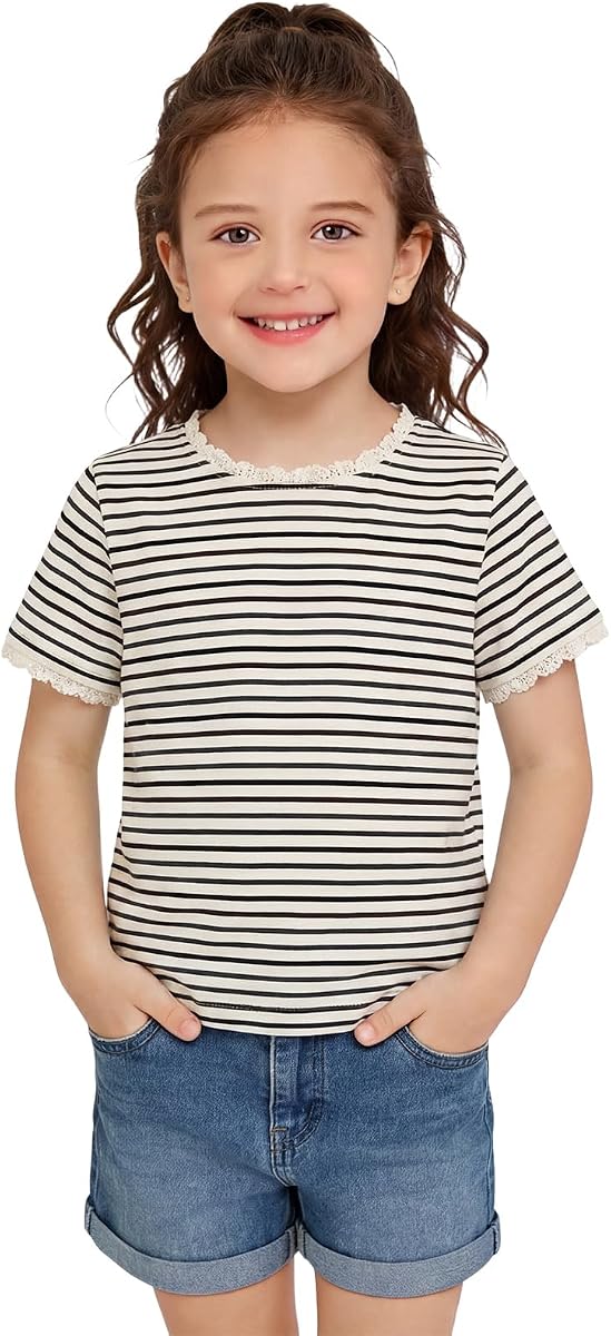 Haloumoning Toddler Baby Girls Striped Short Sleeve T-Shirts Kids Ribbed Knit Ruffle Trim Tops Tees Blouse 9M-8Y