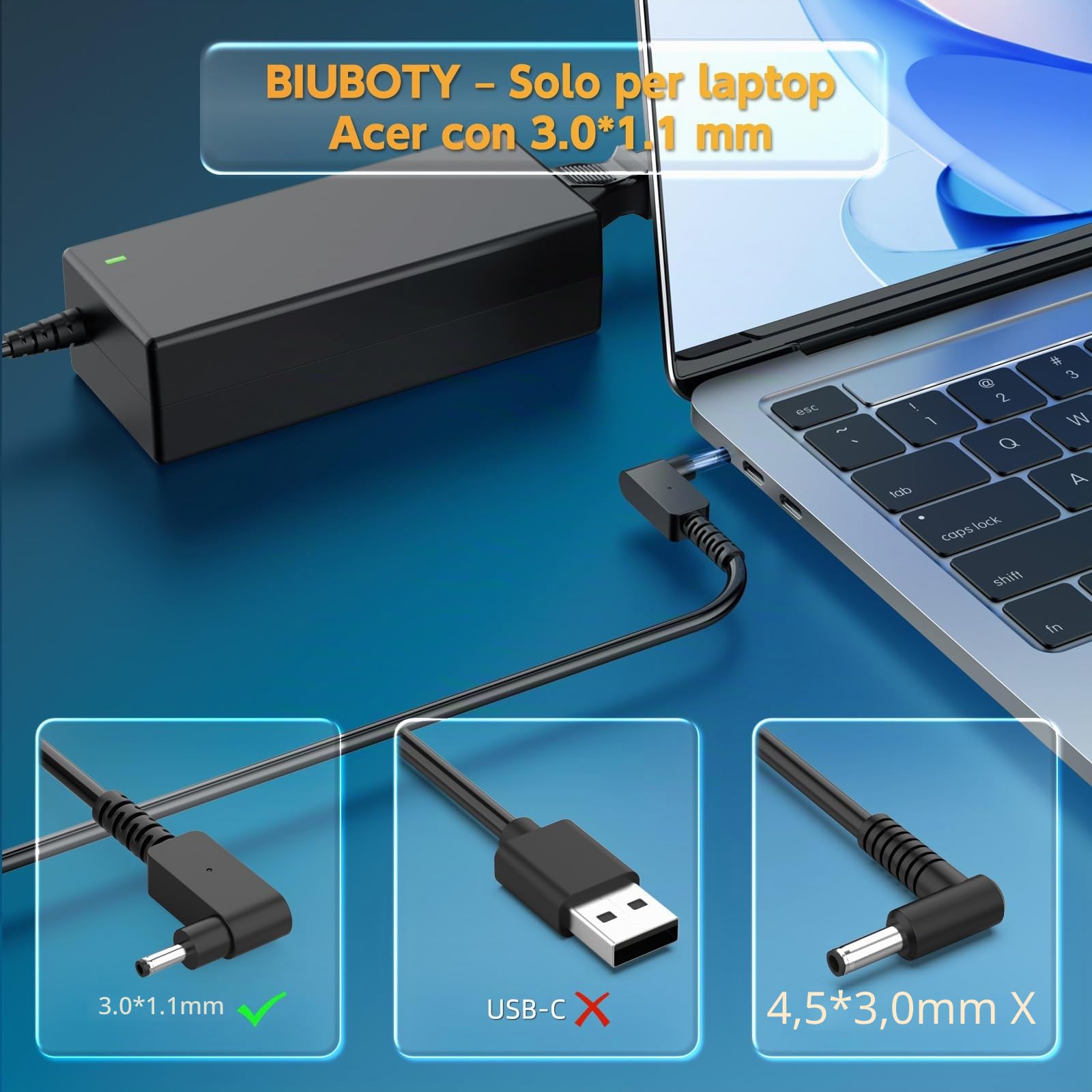 BIUBOTY Caricatore 65W laptop Compatible con Acer Aspire 1 3 5 Series A315 A515 A314 A317 A115/ Spin 1 3 5/ Swift 1 3/ A515-54 A515-55 A515-56 N20C5 N15Q8 N15Q9 N15Q10 N16P1 AC Adattatore 3.0 * 1.1mm