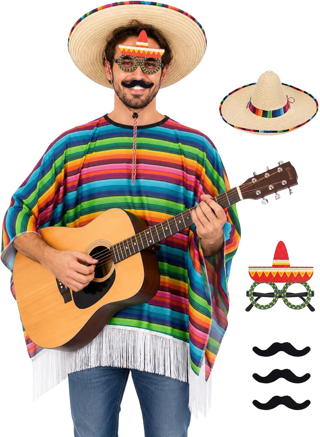 6 Pcs Mexican Costume Set - Mexican Poncho with Sombrero Hat Glasses Mustaches, Cinco De Nayo Theme Outfit Multicolor