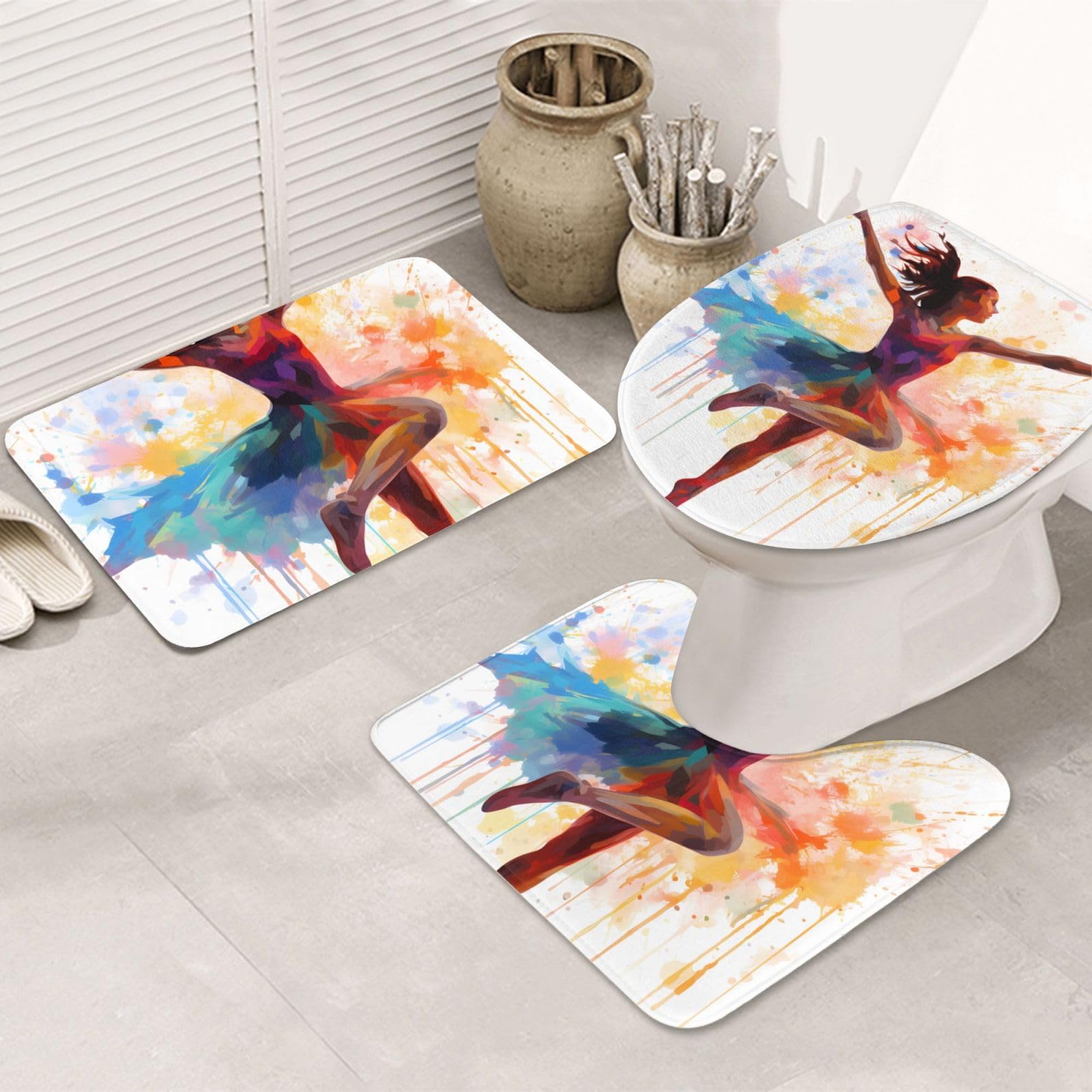 Dwrepo Color Woman Print Bathroom Rug Set 3 Piece with Non-Slip U-Shaped Contour Mat and Toilet Lid Cover for Bathroom Decoration