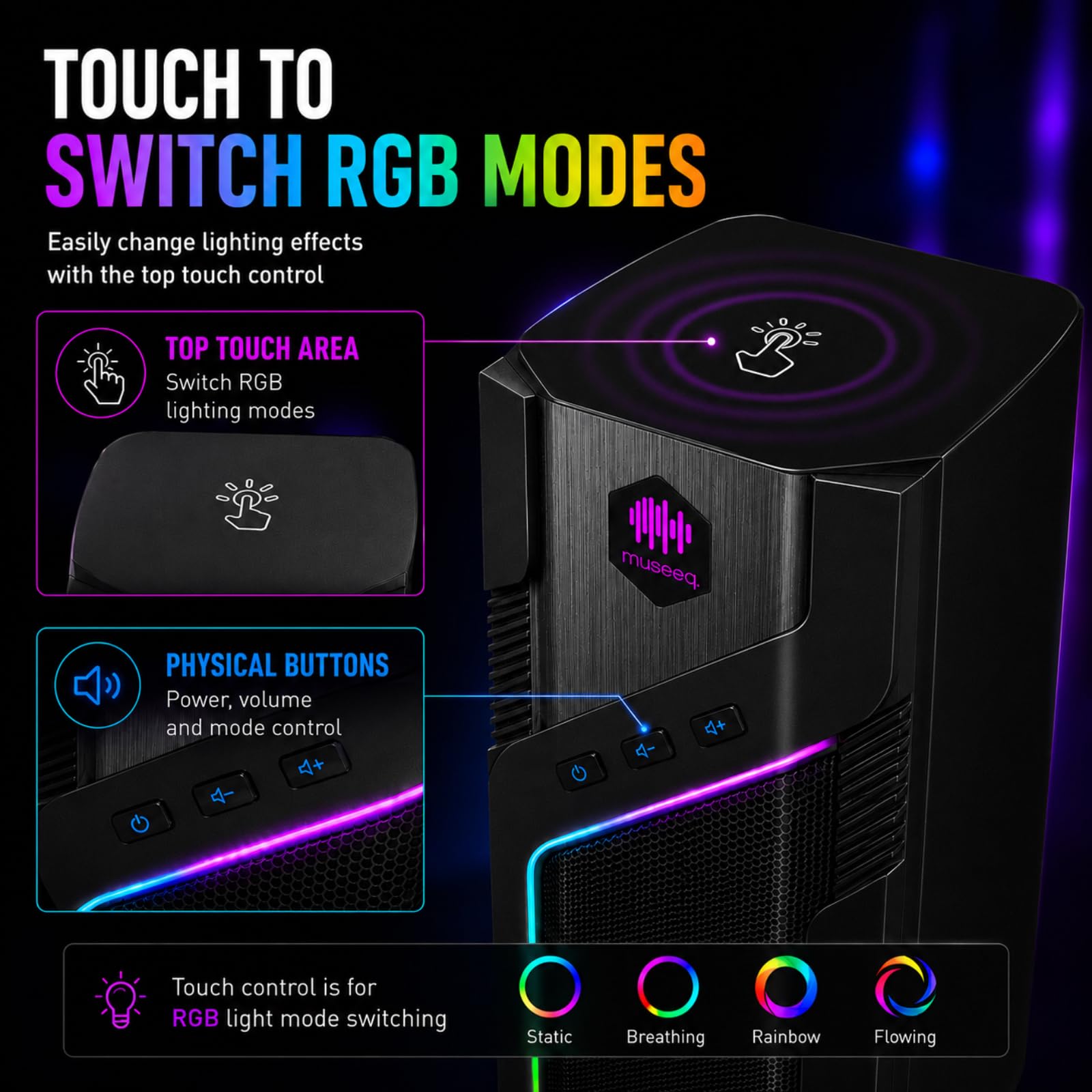 W-206RE Altoparlanti per PC desktop, luci RGB Bluetooth | 21 modalità RGB, suono stereo chiaro, Bluetooth, alimentazione USB, AUX da 3,5 mm e controllo touch per monitor